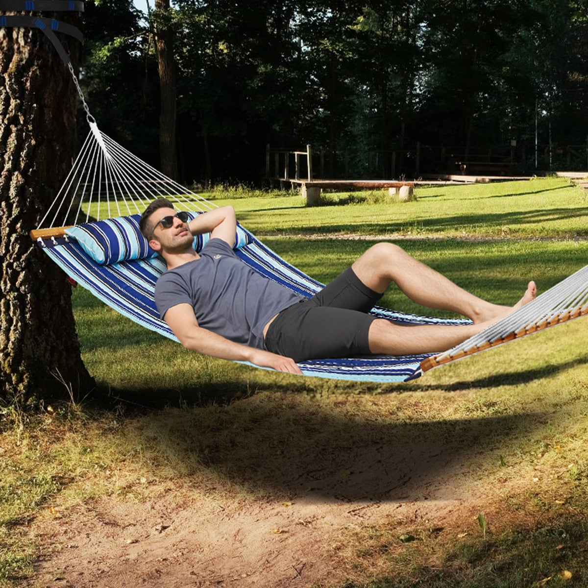 Hammock Double Quilted Fabric 12ft Hardwood Spreader Bar Detachable Pillow 480lb