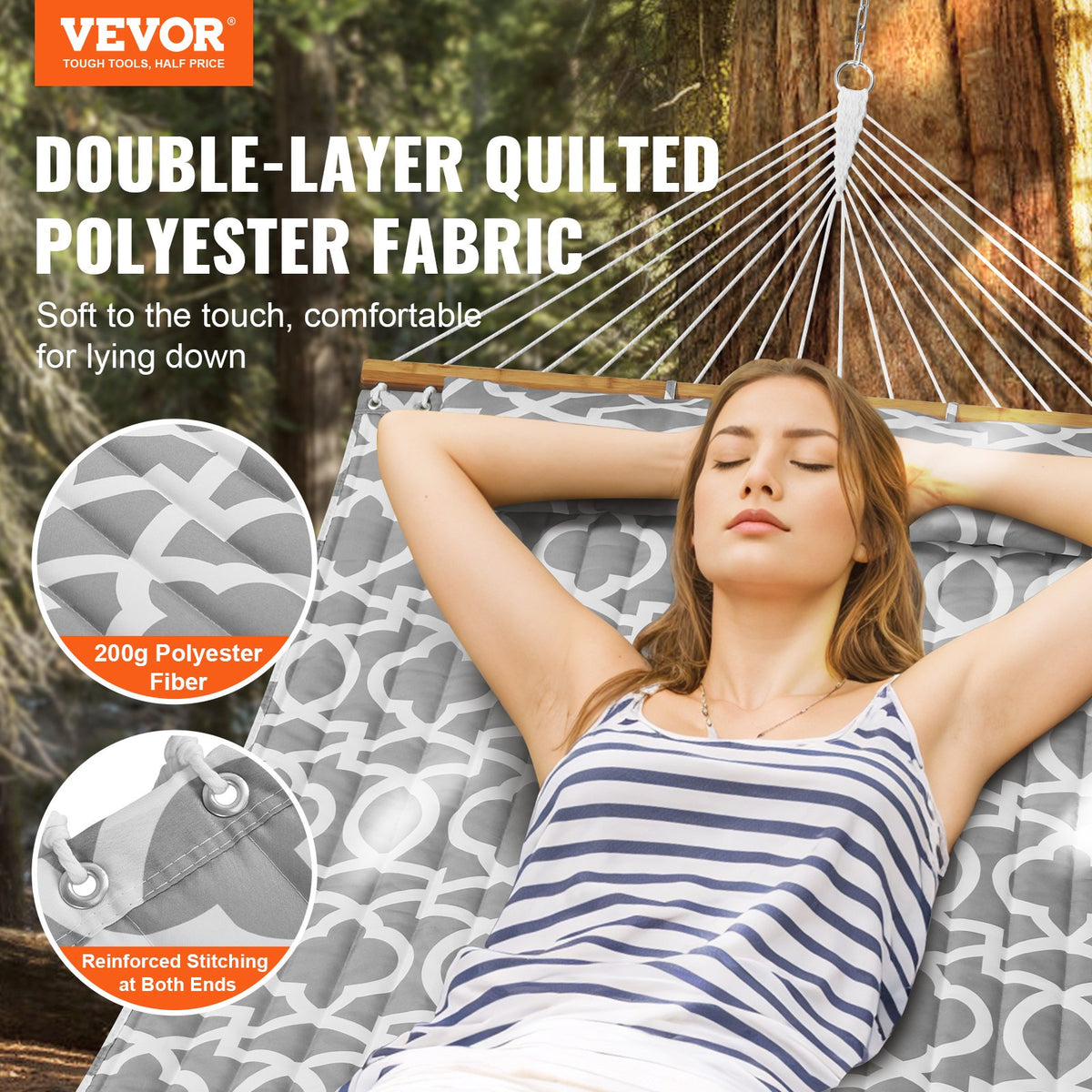 Hammock Double Quilted Fabric 12ft Hardwood Spreader Bar Detachable Pillow 480lb
