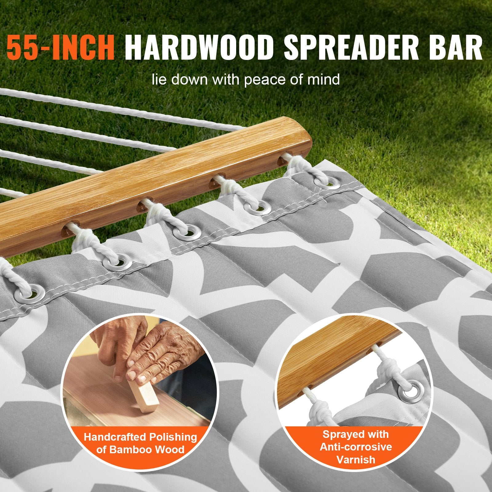 Hammock Double Quilted Fabric 12ft Hardwood Spreader Bar Detachable Pillow 480lb