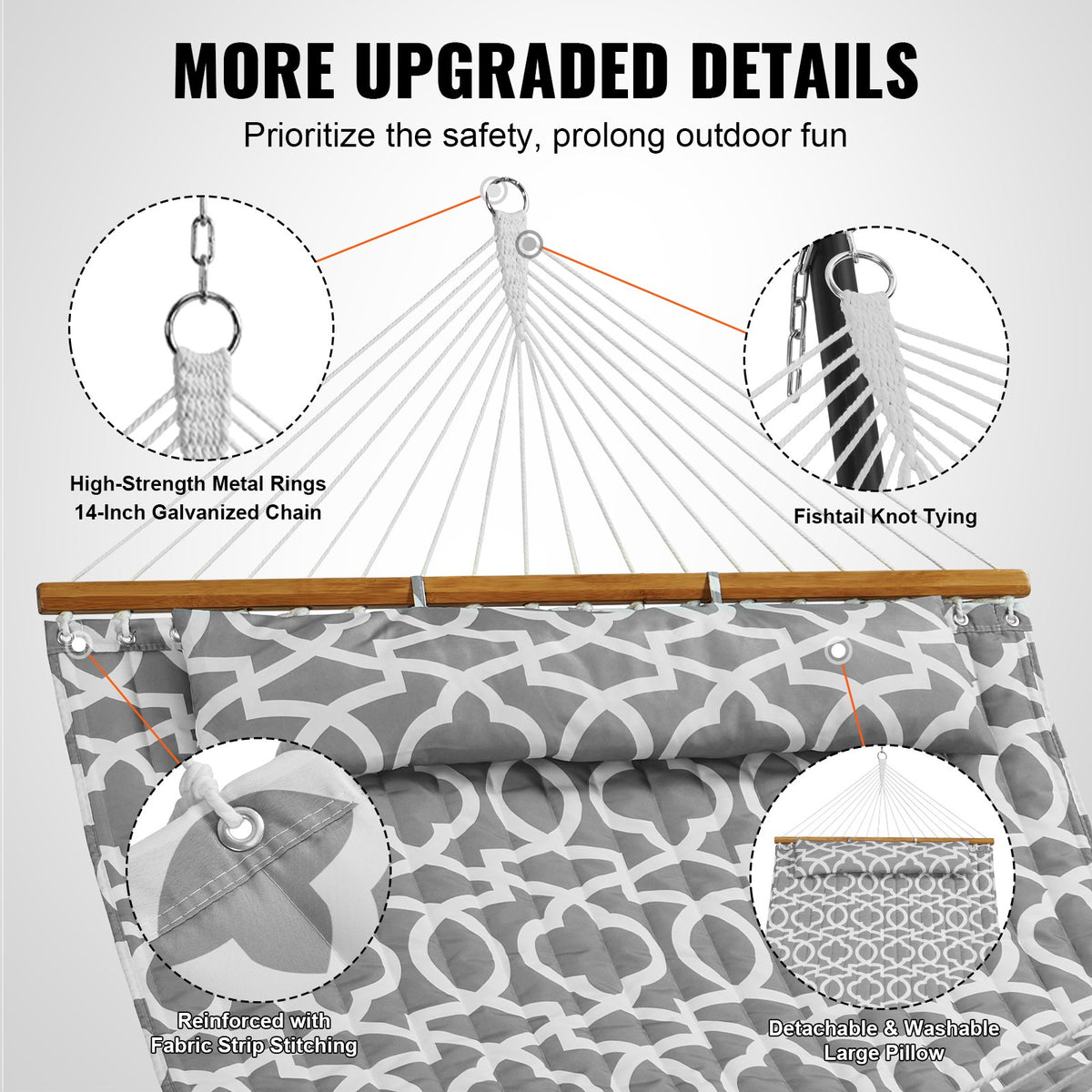 Hammock Double Quilted Fabric 12ft Hardwood Spreader Bar Detachable Pillow 480lb