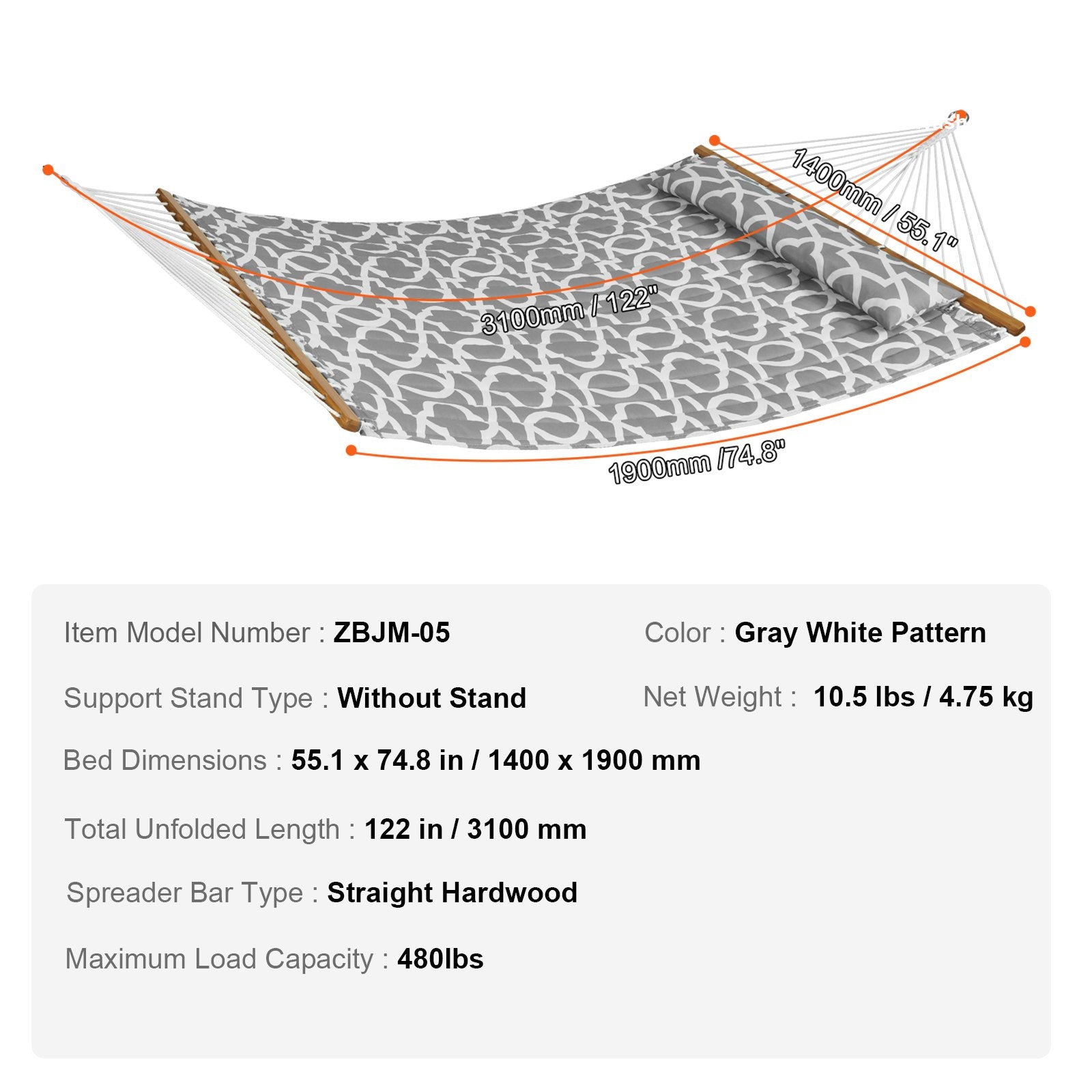 Hammock Double Quilted Fabric 12ft Hardwood Spreader Bar Detachable Pillow 480lb