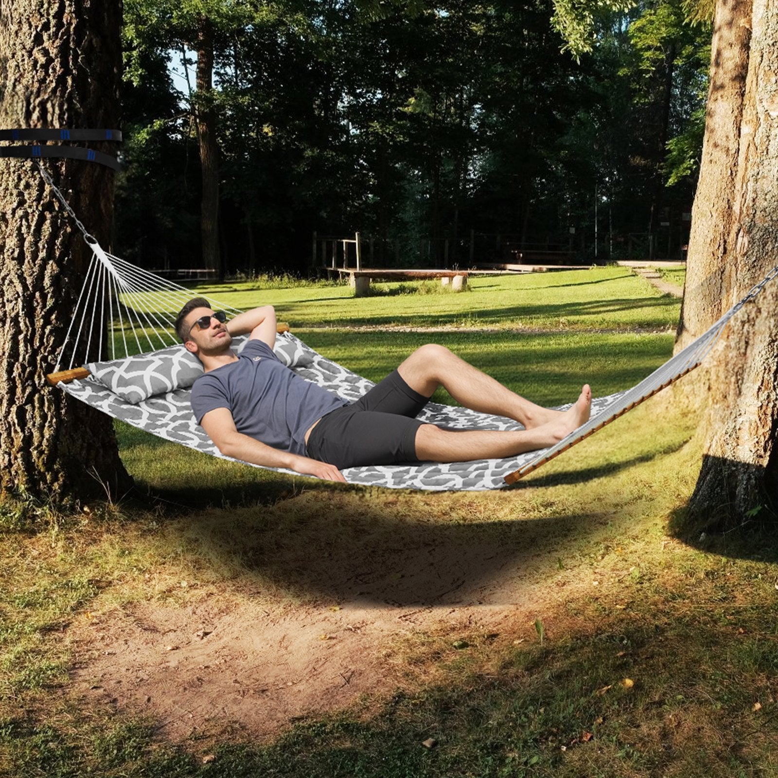 Hammock Double Quilted Fabric 12ft Hardwood Spreader Bar Detachable Pillow 480lb