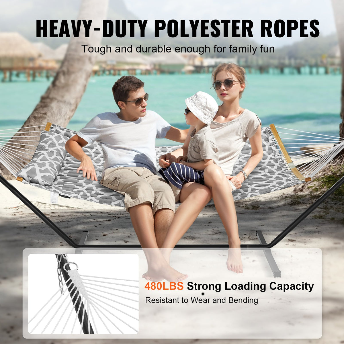 Hammock Two Person with Stand Double Curved Spreader Bar Detachable Pillow 480lb