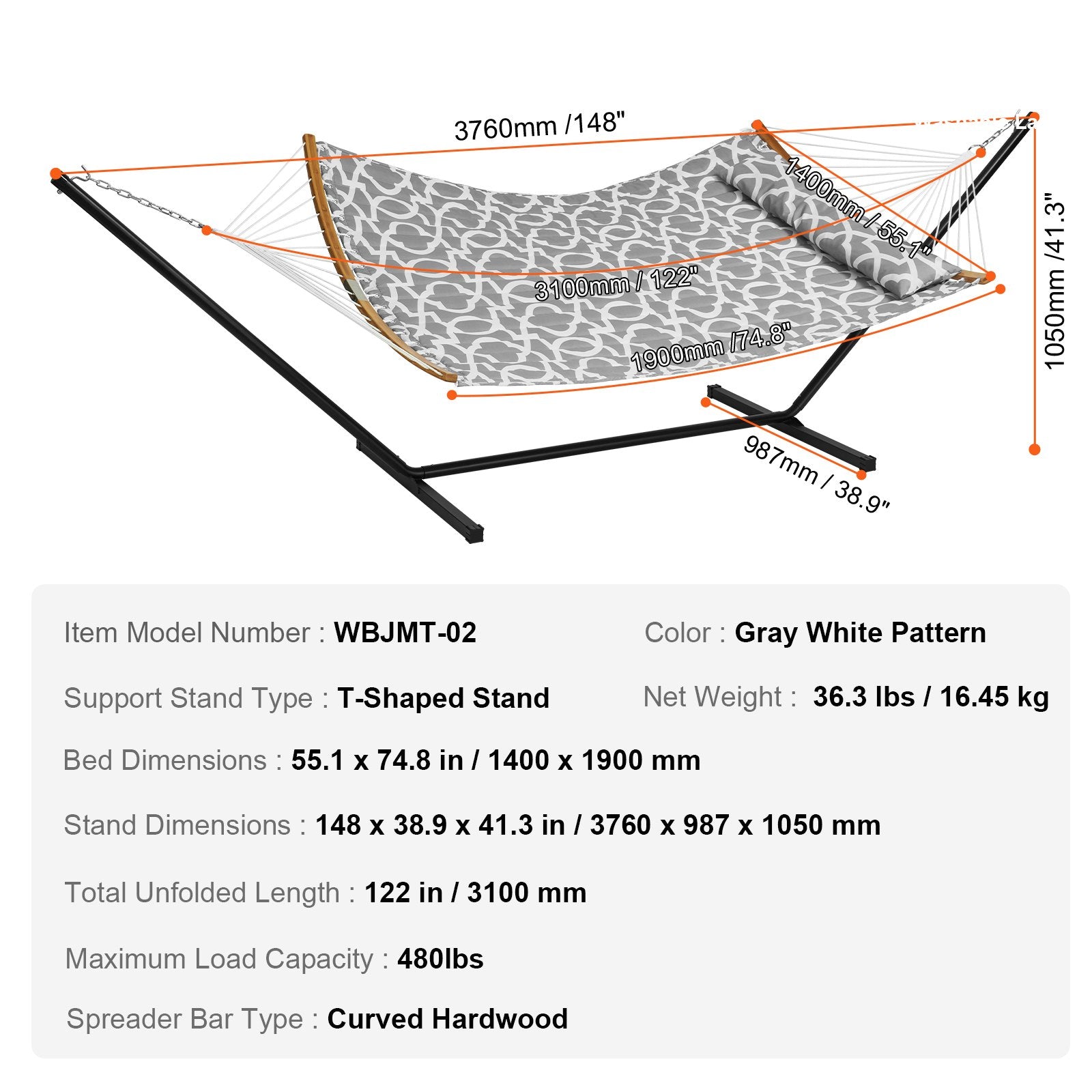 Hammock Two Person with Stand Double Curved Spreader Bar Detachable Pillow 480lb