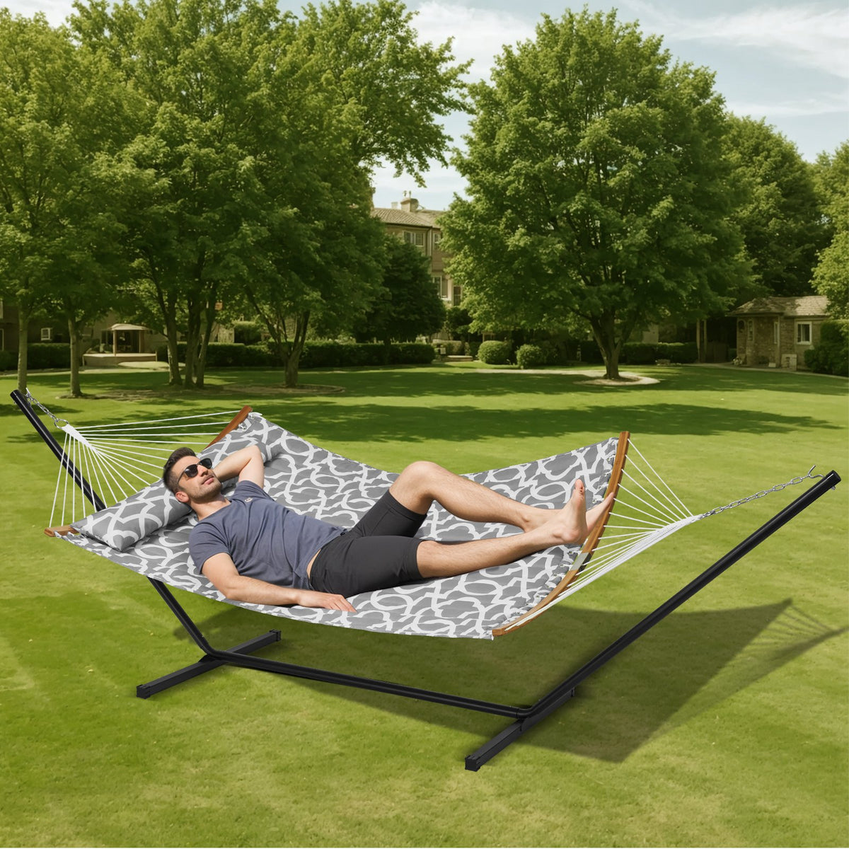 Hammock Two Person with Stand Double Curved Spreader Bar Detachable Pillow 480lb