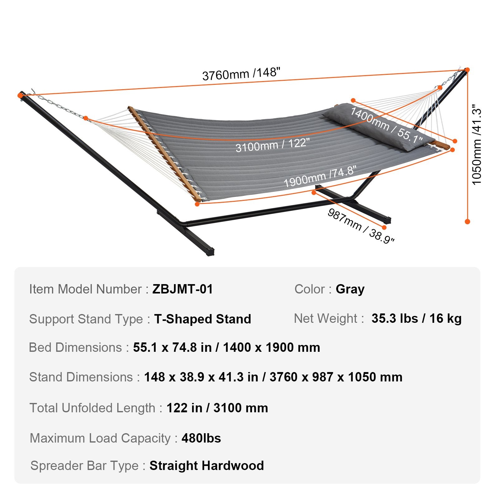 Two Person Hammock with Stand Heavy Duty 480lb Double 12ft Steel Freestanding