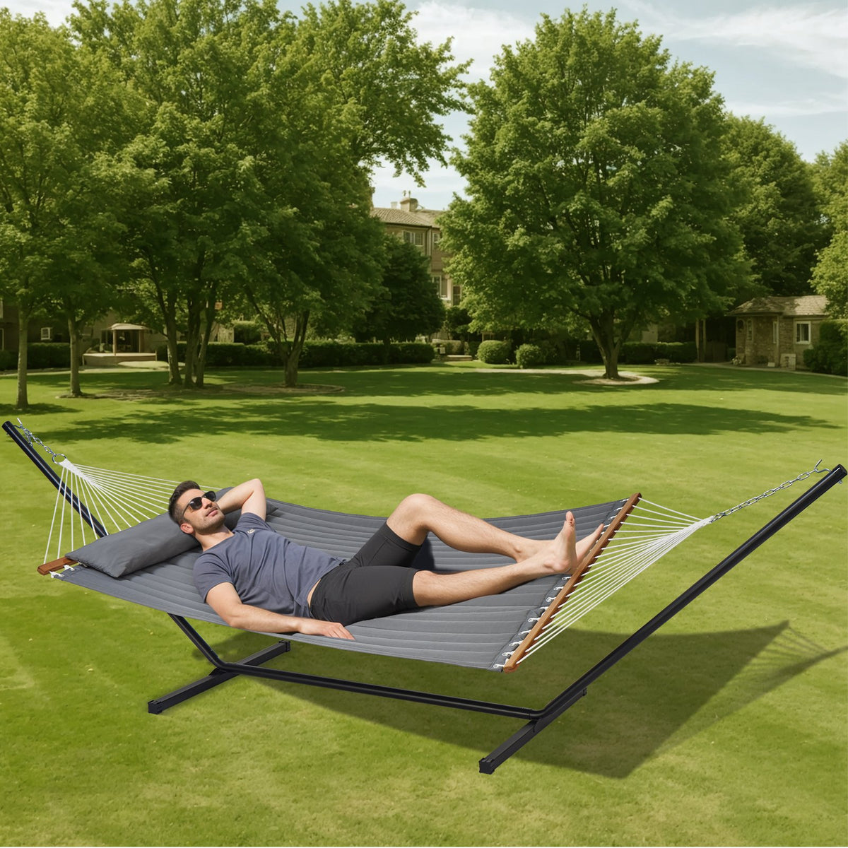 Two Person Hammock with Stand Heavy Duty 480lb Double 12ft Steel Freestanding