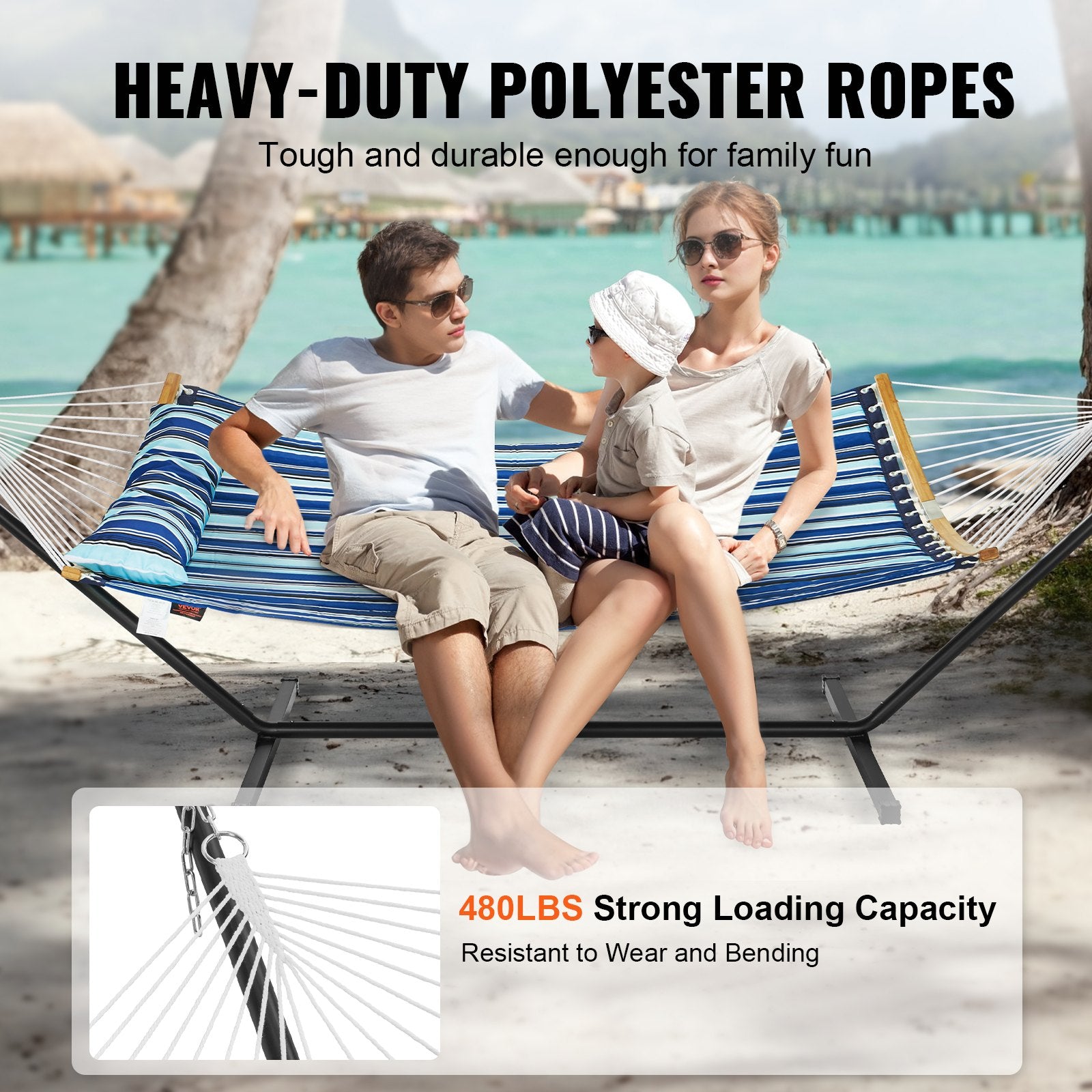 Hammock Two Person with Stand Double Curved Spreader Bar Detachable Pillow 480lb