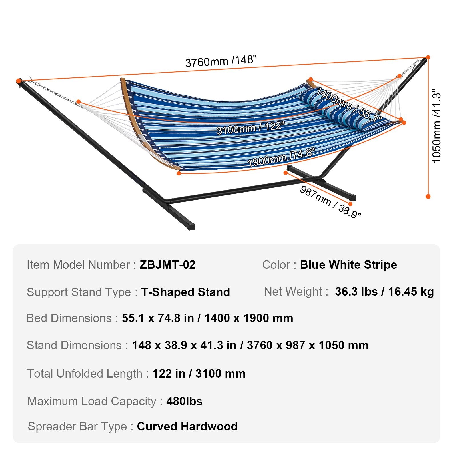 Hammock Two Person with Stand Double Curved Spreader Bar Detachable Pillow 480lb