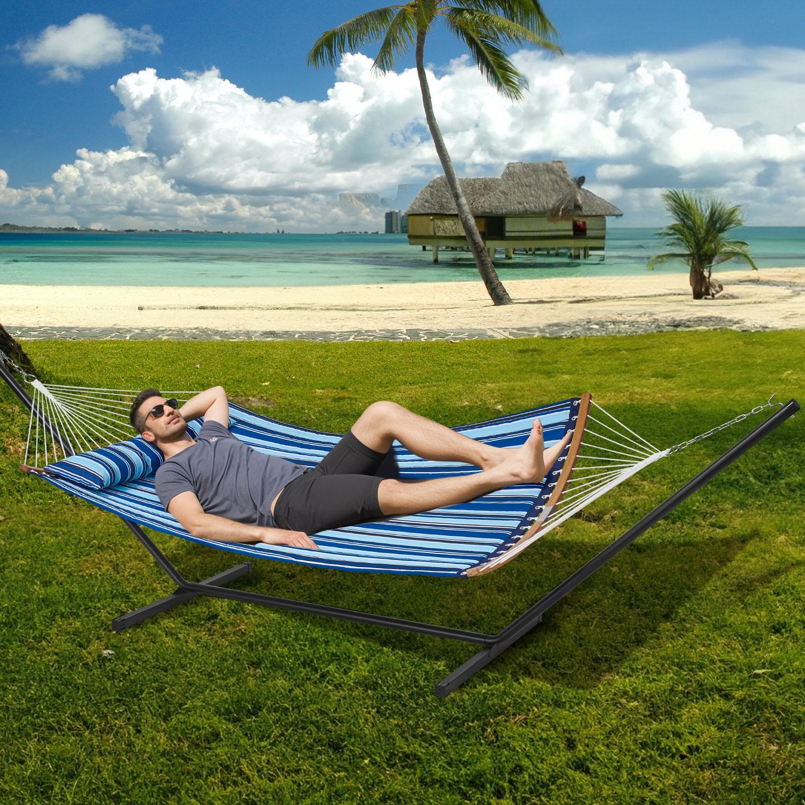 Hammock Two Person with Stand Double Curved Spreader Bar Detachable Pillow 480lb