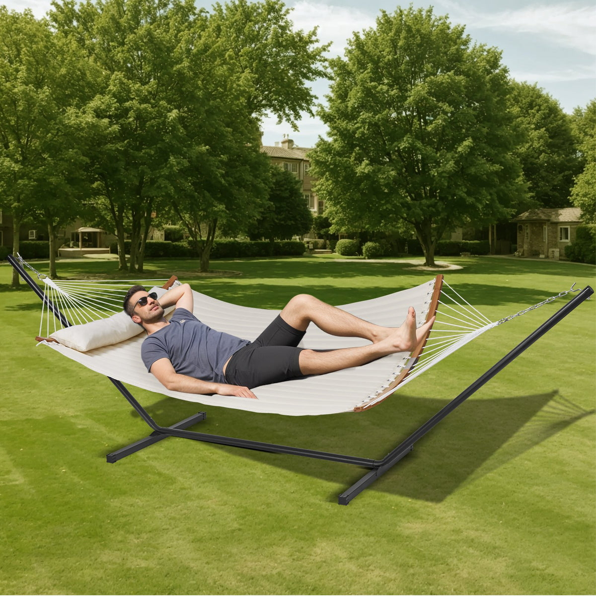 Two Person Hammock with Stand Double Curved Spreader Bar Detachable Pillow 480lb