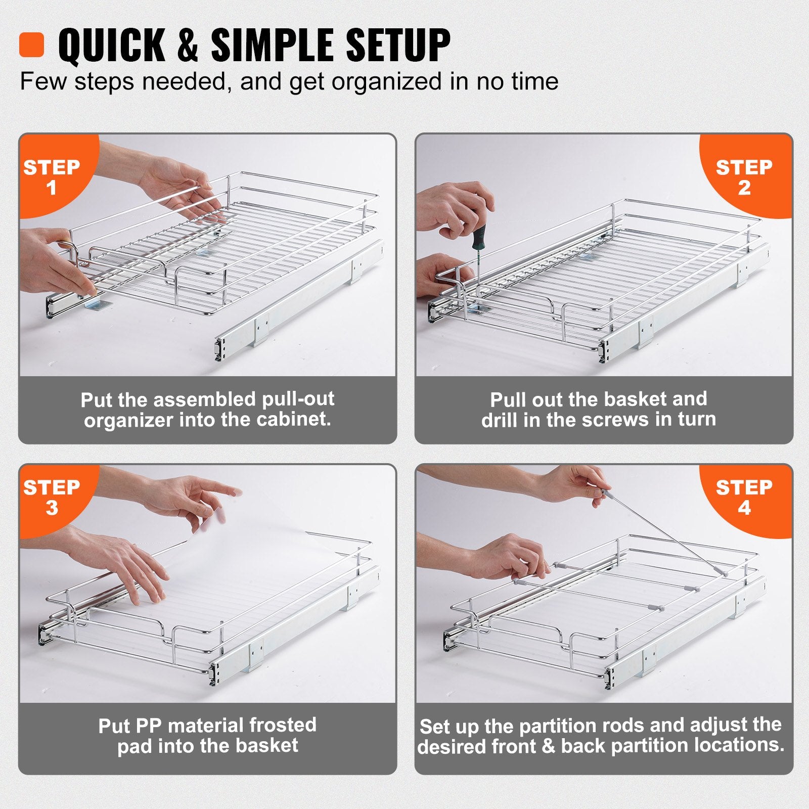 Pull Out Cabinet Organizer 12.5x21x3.5" Heavy Duty Steel Slide-Out Pantry Drawer