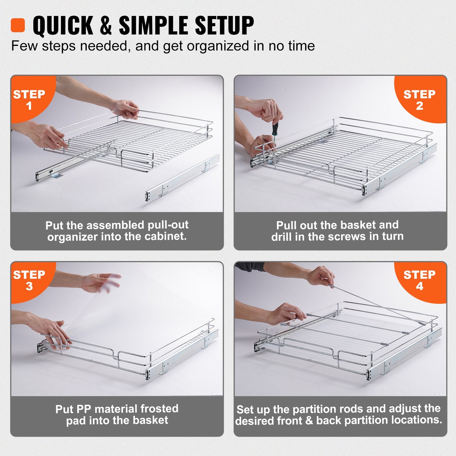 Pull Out Cabinet Organizer 15.5x21x3.5" Heavy Duty Steel SlideOut Pantry Drawer
