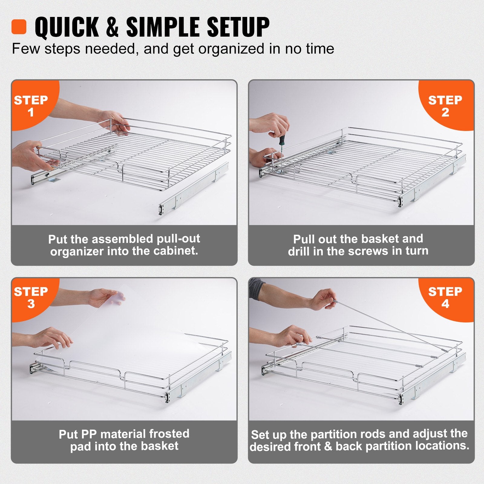 Pull Out Cabinet Organizer 21.5"x21"x3.5" Heavy Duty Steel Pantry Drawer