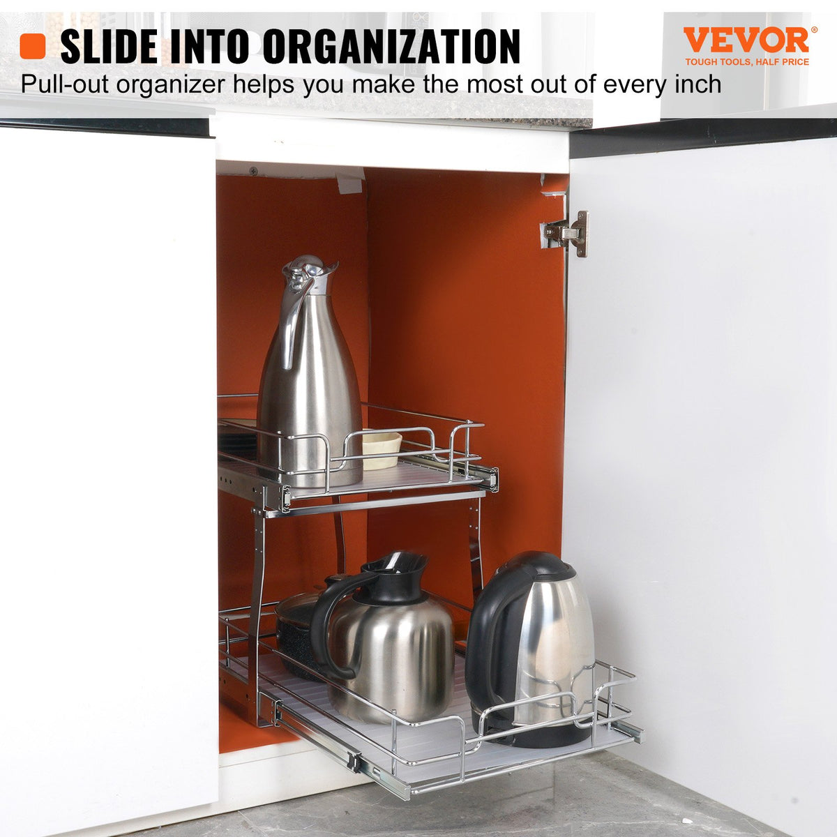 Pull Out Cabinet Organizer 2 Tier 14x21x15 Heavy Duty Steel Slide-Out Shelves