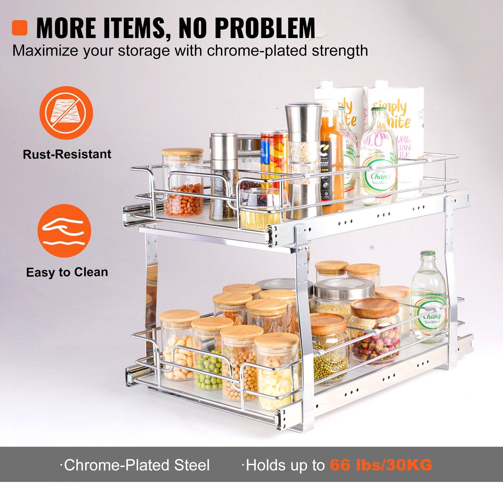 Pull Out Cabinet Organizer 2 Tier 14x21x15 Heavy Duty Steel Slide-Out Shelves