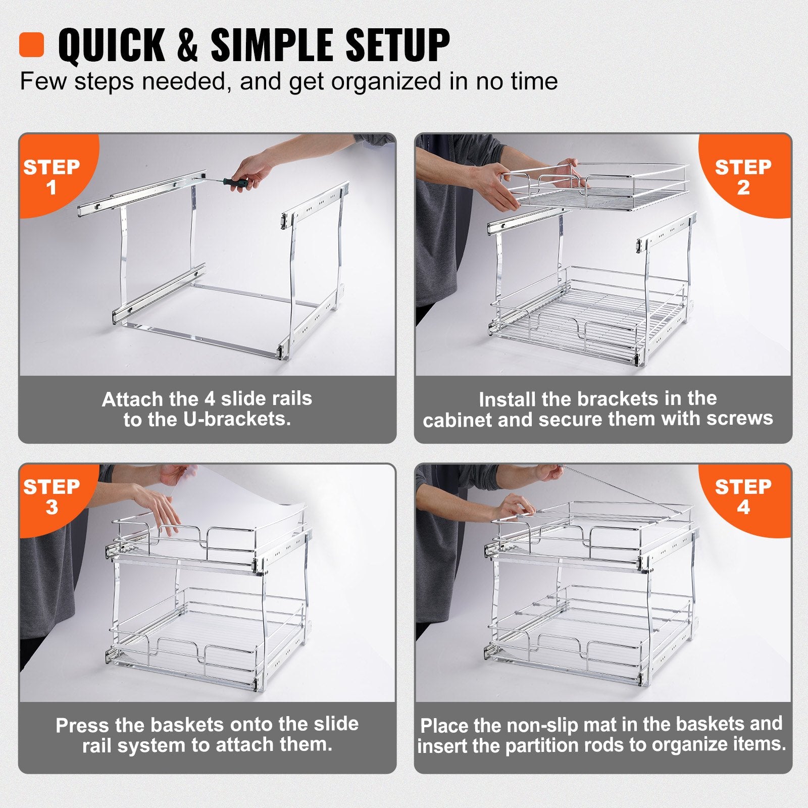 Pull Out Cabinet Organizer 2 Tier 14x21x15 Heavy Duty Steel Slide-Out Shelves