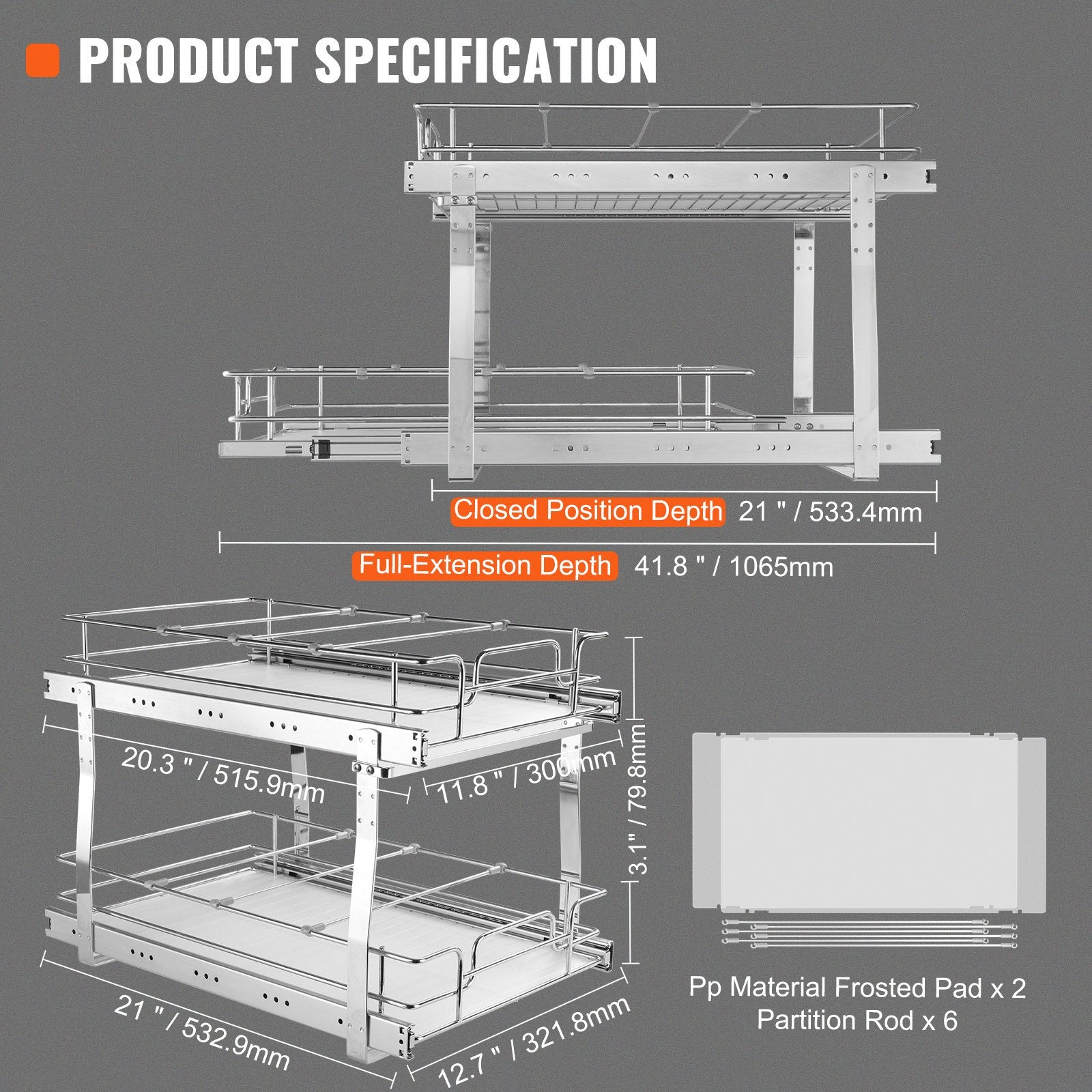 Pull Out Cabinet Organizer 2 Tier 14x21x15 Heavy Duty Steel Slide-Out Shelves