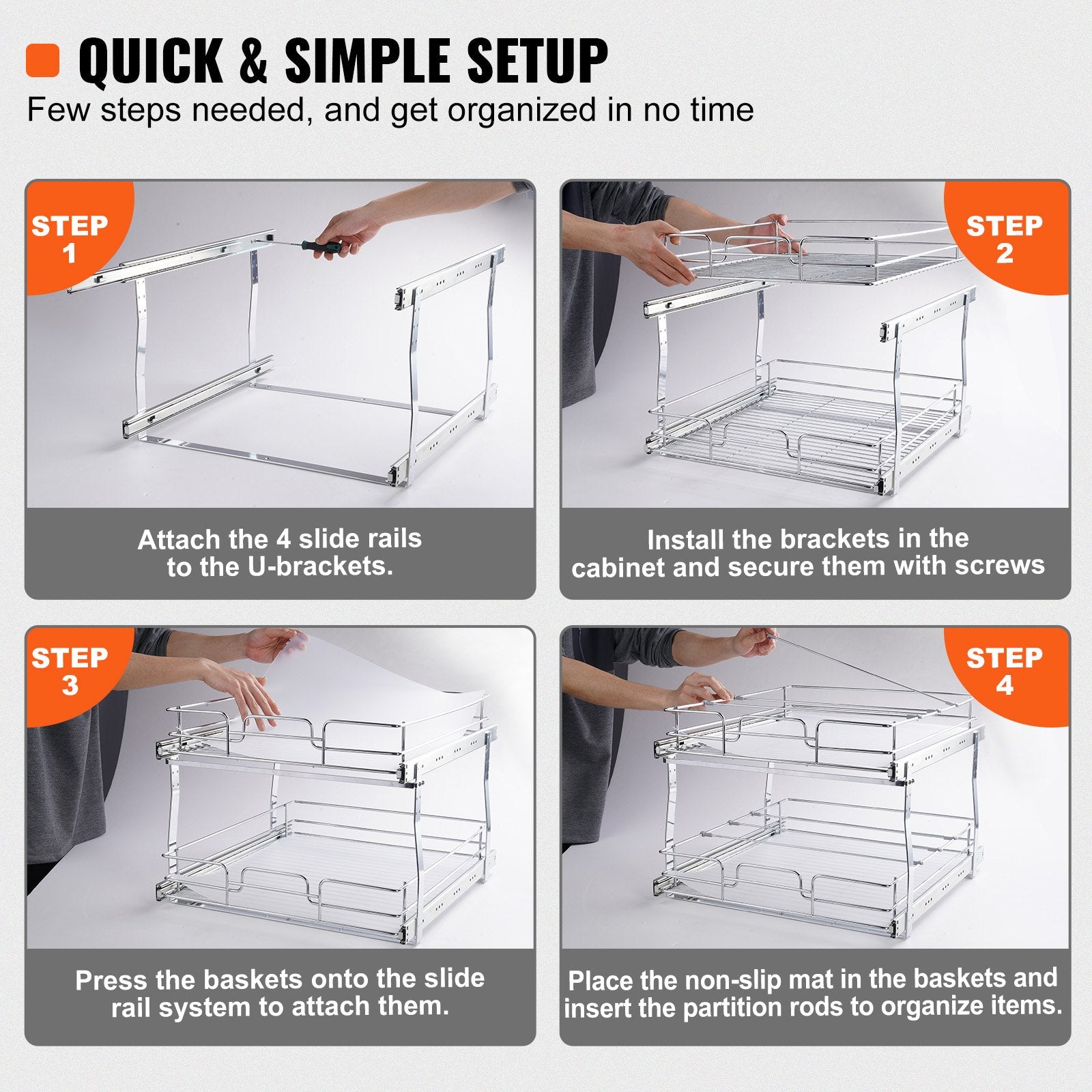 2 Tier 17"x21"x15" Pull Out Cabinet Organizer Heavy-Duty Steel Slide Shelves
