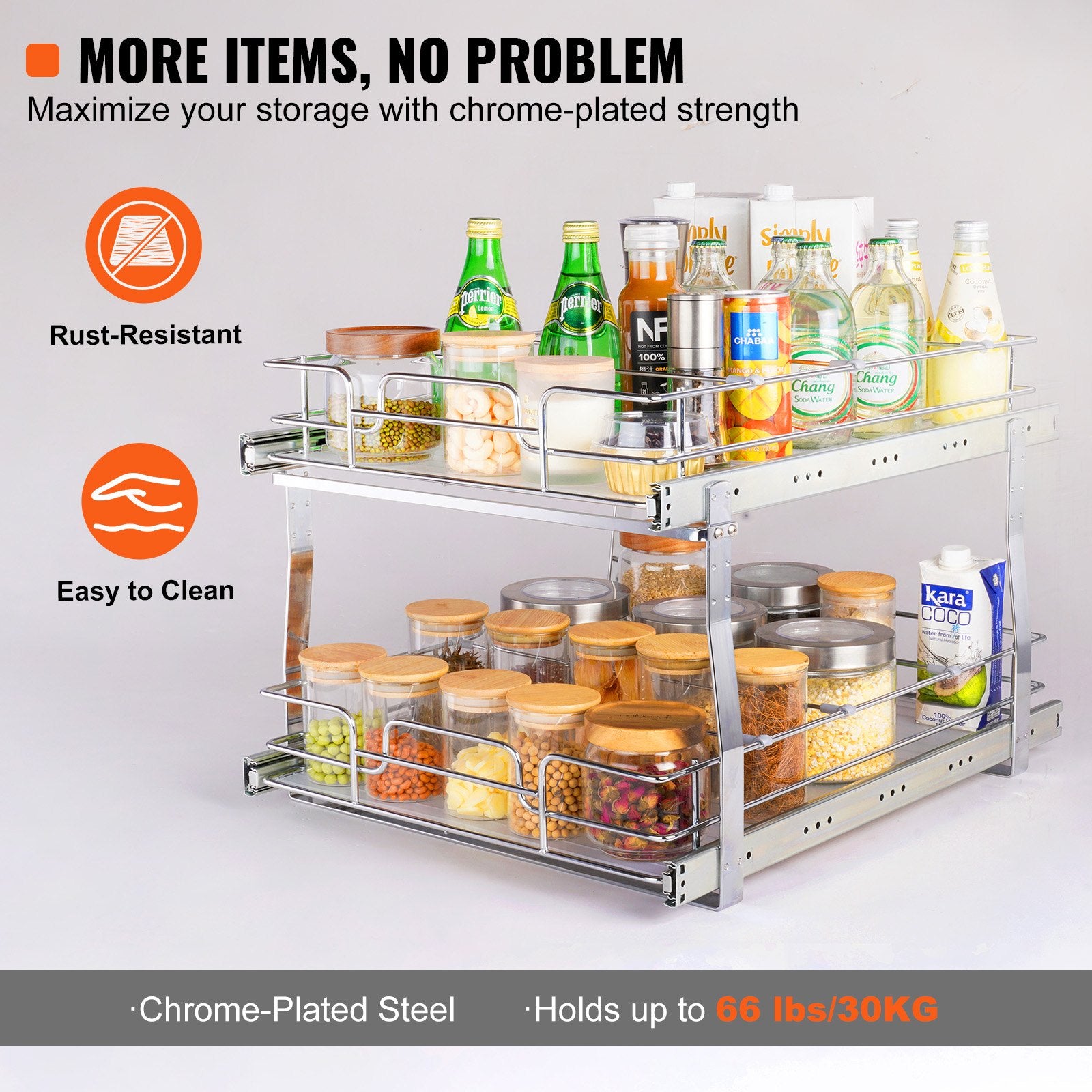 Pull Out Cabinet Organizer 2 Tier 20x21x15 Heavy Duty Steel Slide-Out Shelves