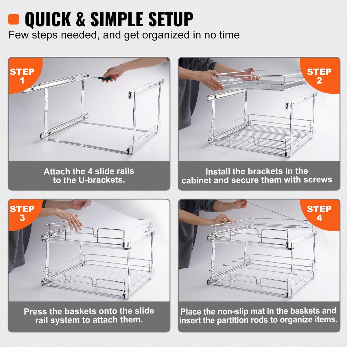 Pull Out Cabinet Organizer 2 Tier 20x21x15 Heavy Duty Steel Slide-Out Shelves