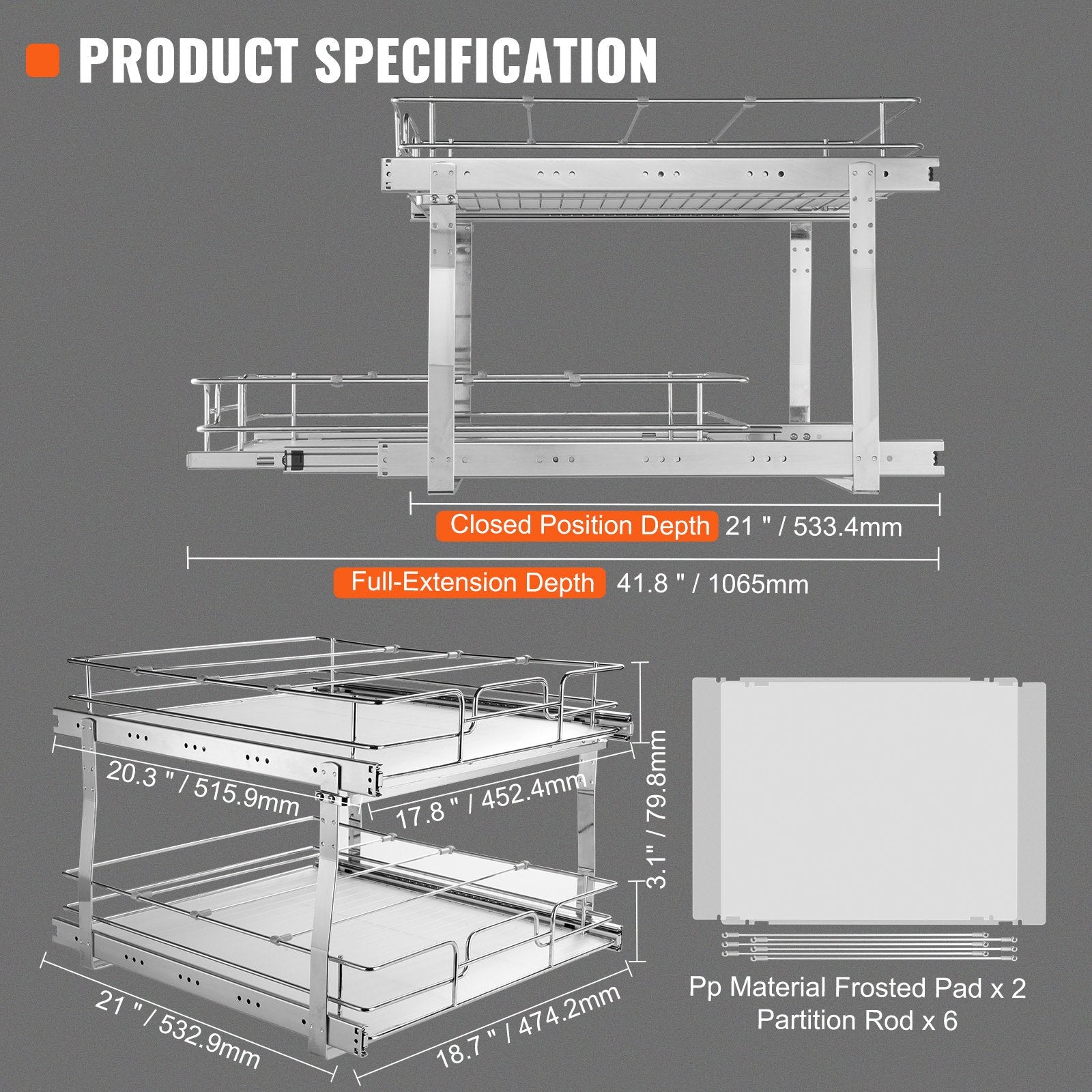 Pull Out Cabinet Organizer 2 Tier 20x21x15 Heavy Duty Steel Slide-Out Shelves