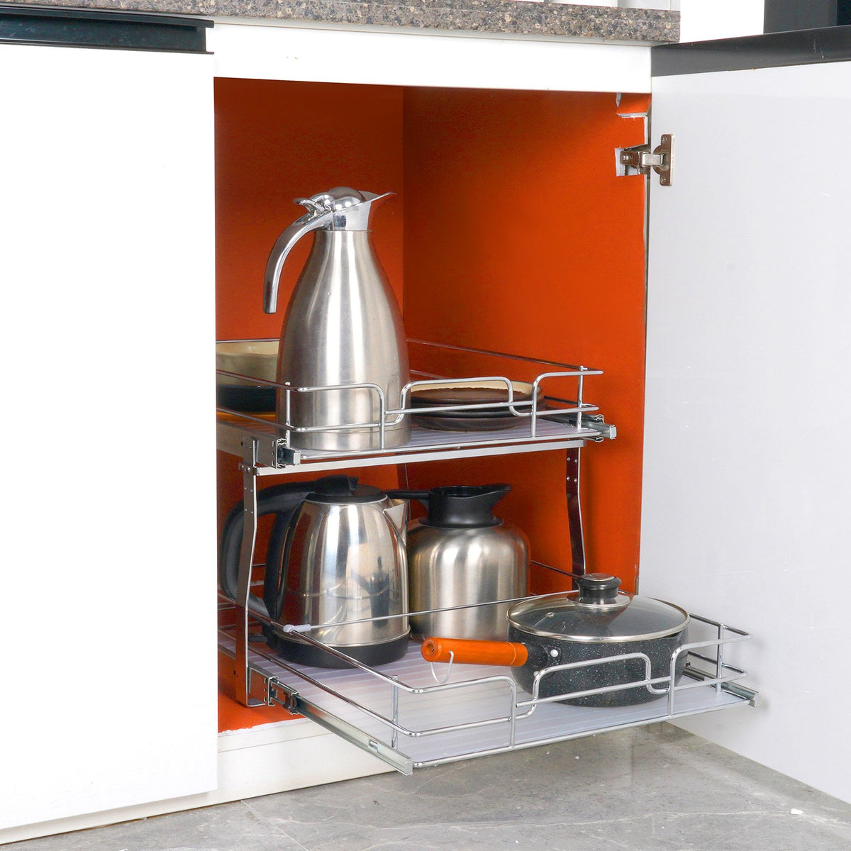 Pull Out Cabinet Organizer 2 Tier 20x21x15 Heavy Duty Steel Slide-Out Shelves