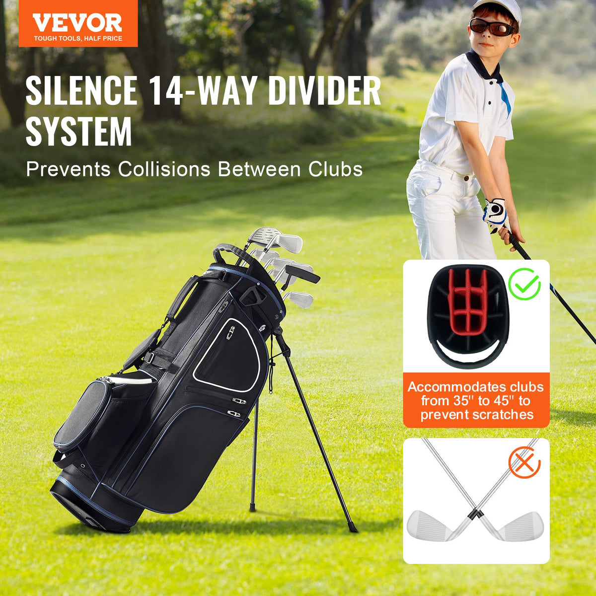 Golf Cart Bag 14-Way Divider 35in 11 Pockets Stand Dual Strap Dust Cover