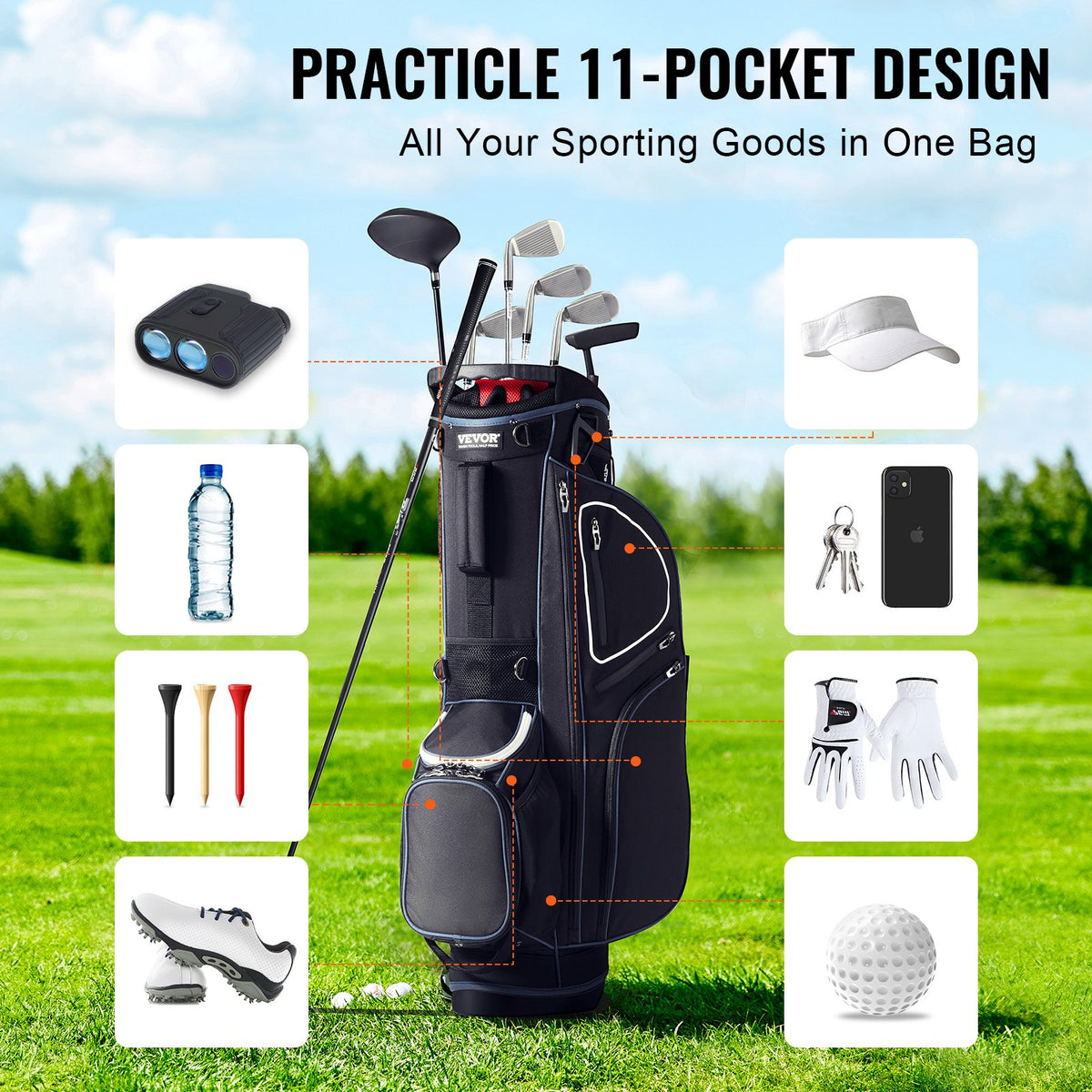 Golf Cart Bag 14-Way Divider 35in 11 Pockets Stand Dual Strap Dust Cover
