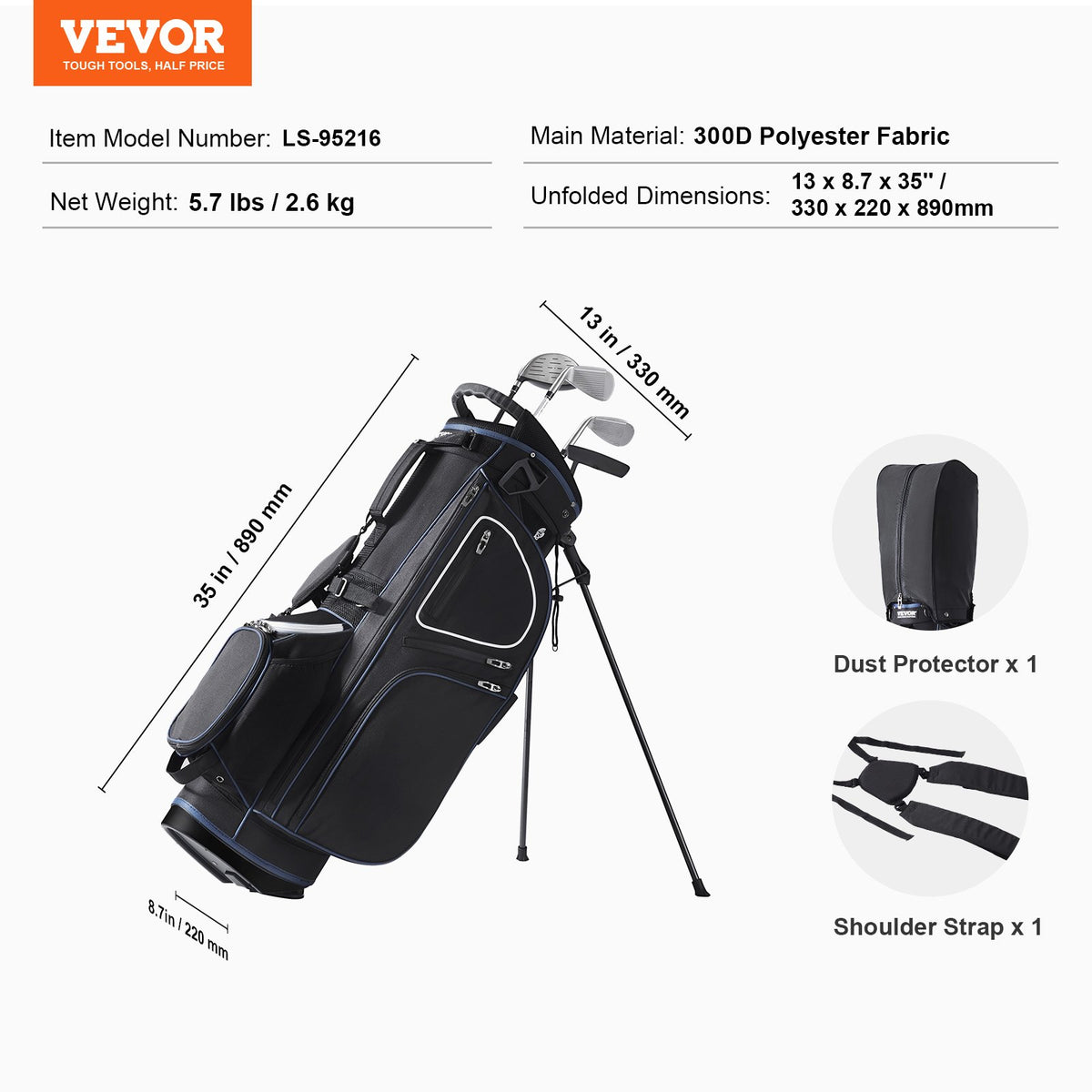 Golf Cart Bag 14-Way Divider 35in 11 Pockets Stand Dual Strap Dust Cover