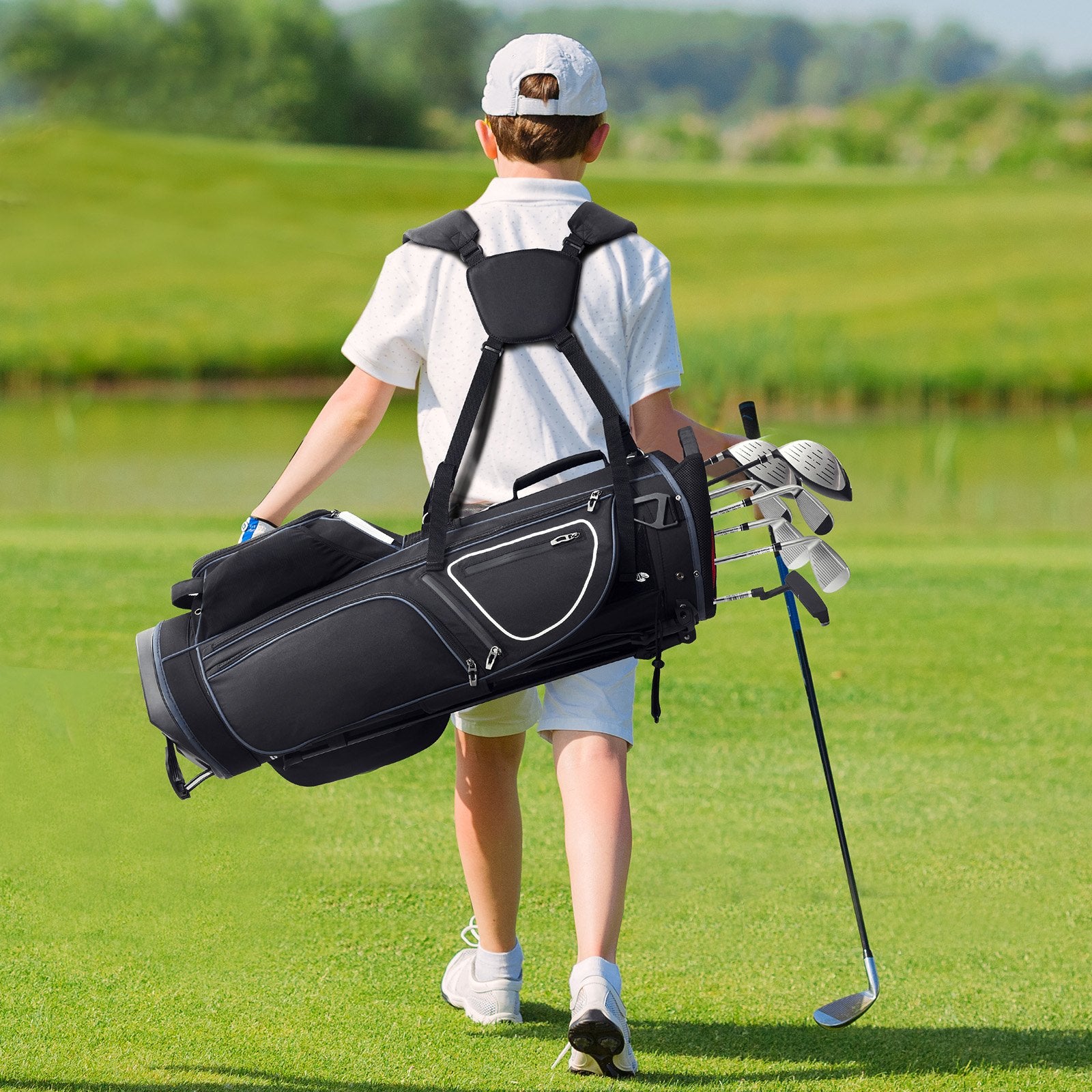 Golf Cart Bag 14-Way Divider 35in 11 Pockets Stand Dual Strap Dust Cover