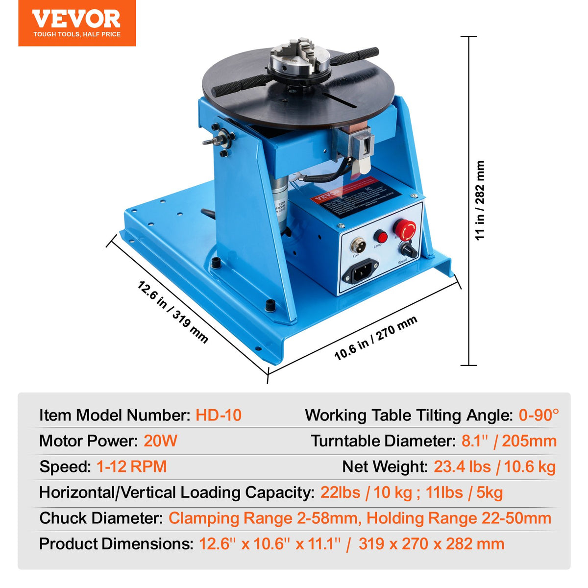 Rotary Welding Positioner 10KG 0-90° Turntable with 8.1" 3-Jaw Chuck 1-12 RPM