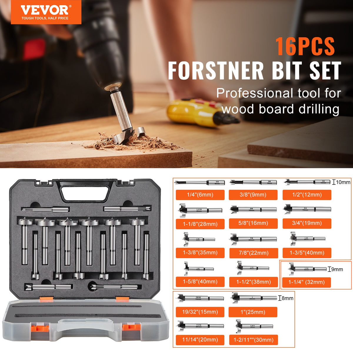 16 Pcs Forstner Drill Bit Set Carbon Steel for Woodworking