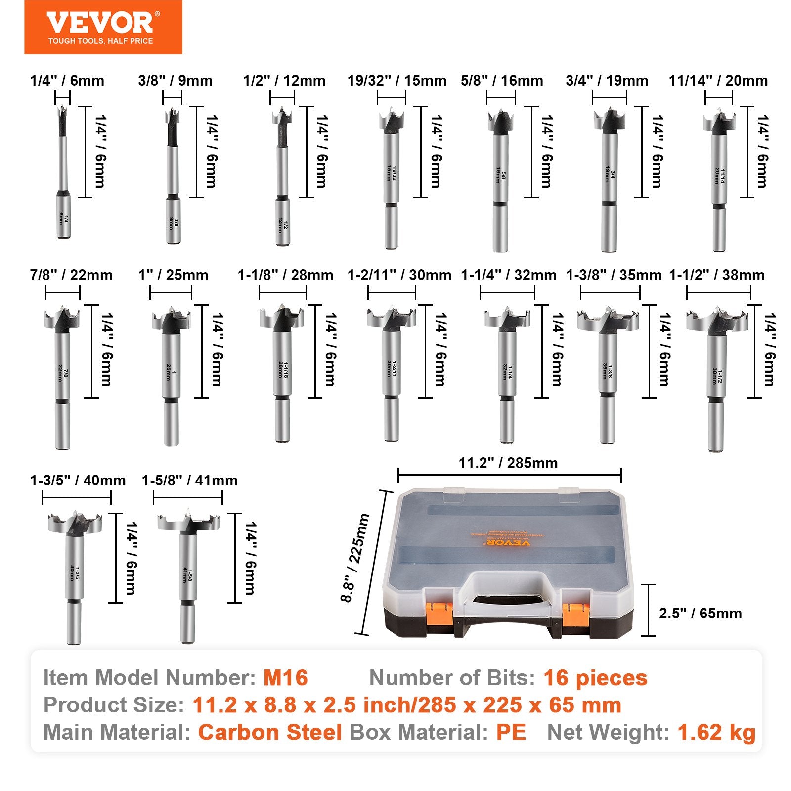 16 Pcs Forstner Drill Bit Set Carbon Steel for Woodworking