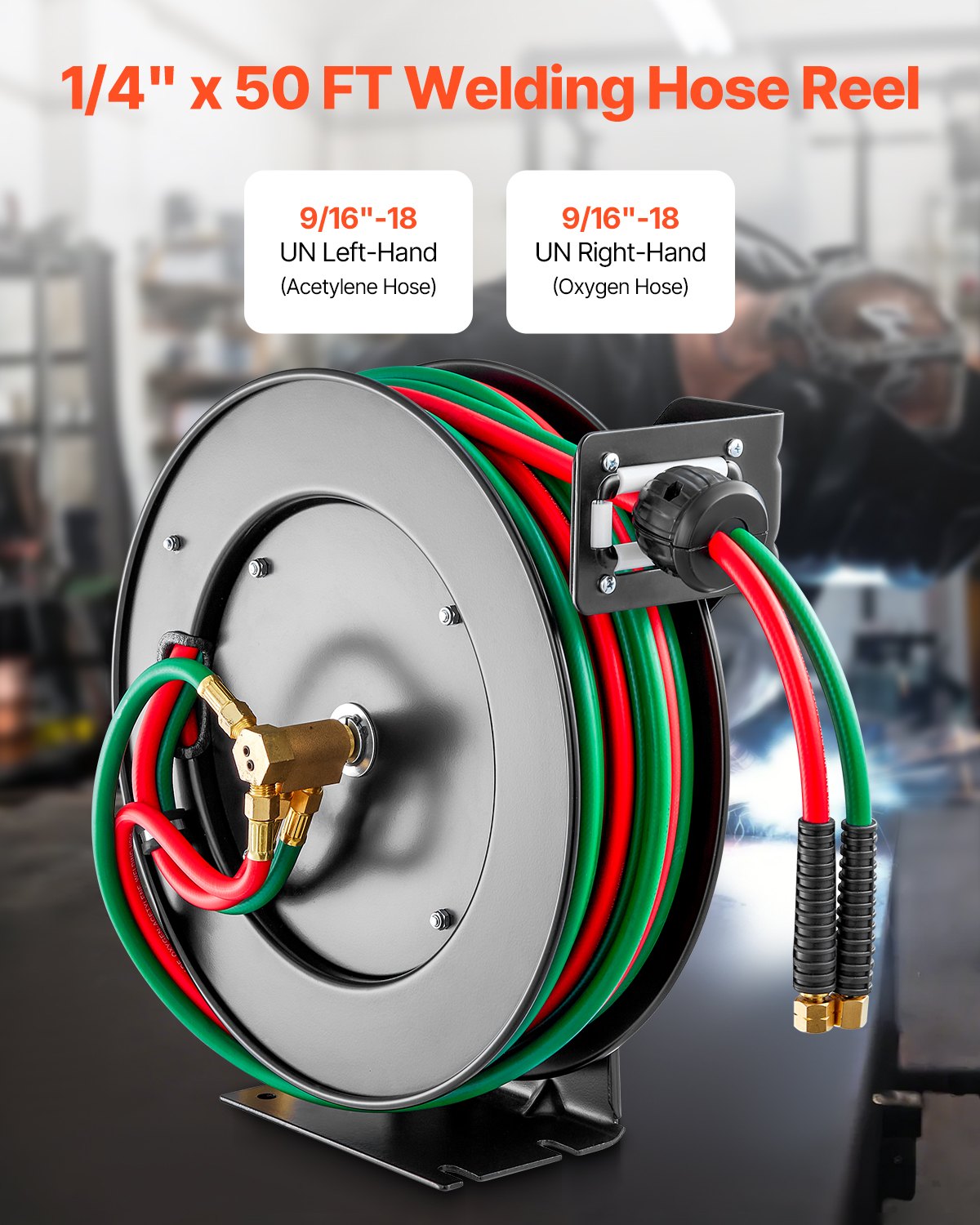 50FT Retrac Twin Oxy-Acetylene Weld Hose Reel 1/4in Auto-Rew WallMount Garage