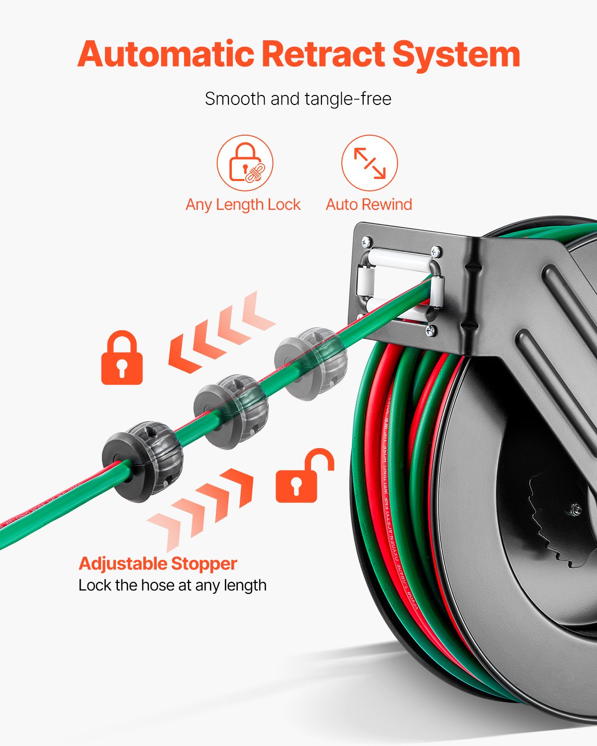 50FT Retrac Twin Oxy-Acetylene Weld Hose Reel 1/4in Auto-Rew WallMount Garage