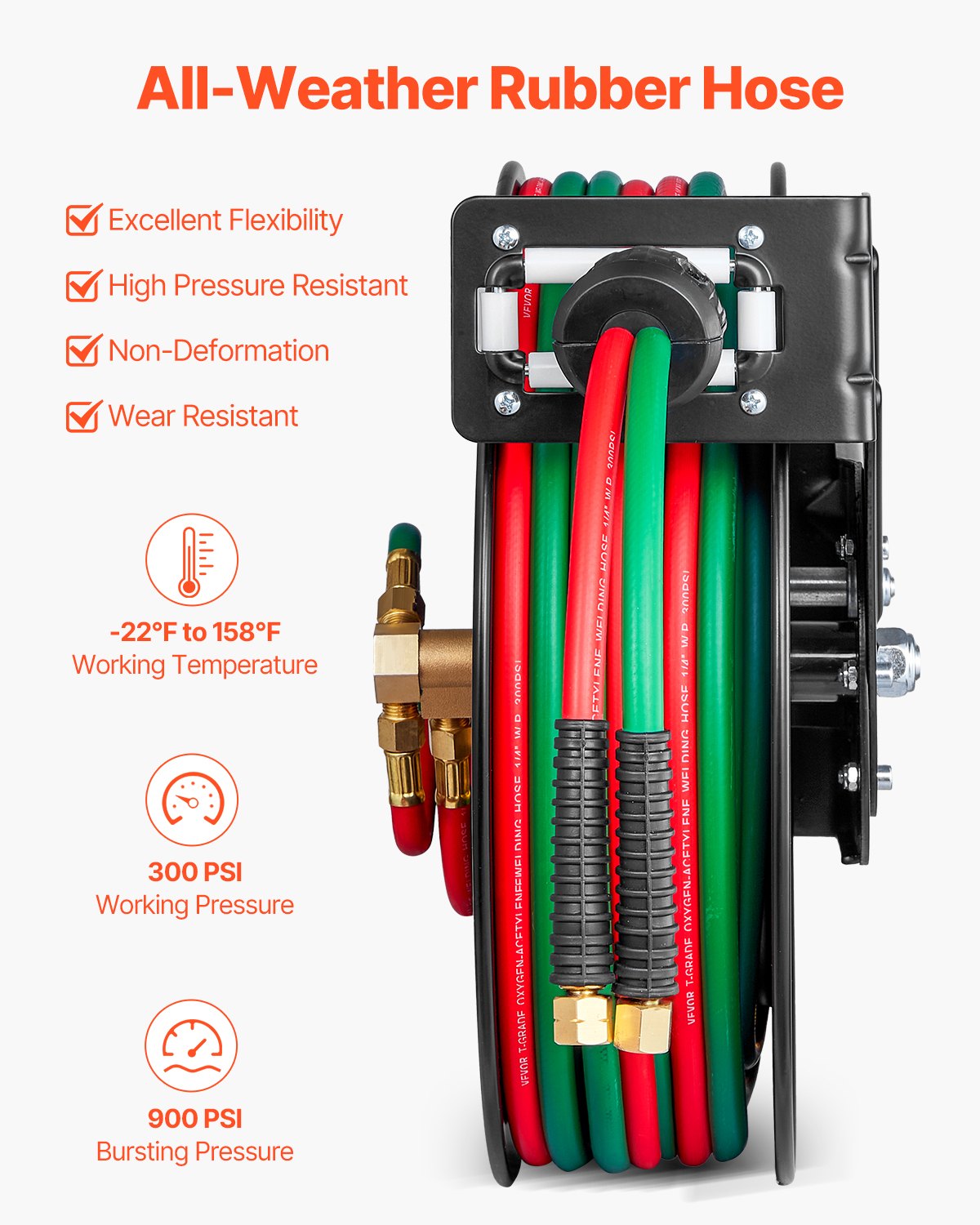 50FT Retrac Twin Oxy-Acetylene Weld Hose Reel 1/4in Auto-Rew WallMount Garage