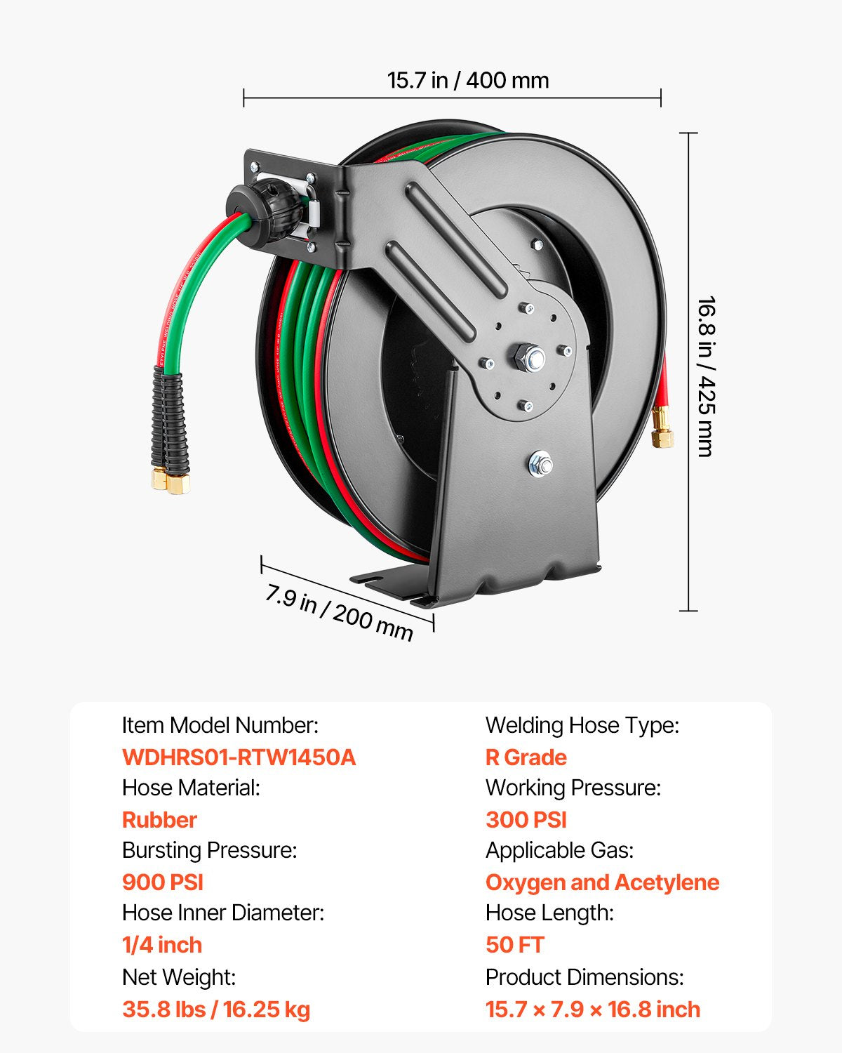 50FT Retrac Twin Oxy-Acetylene Weld Hose Reel 1/4in Auto-Rew WallMount Garage