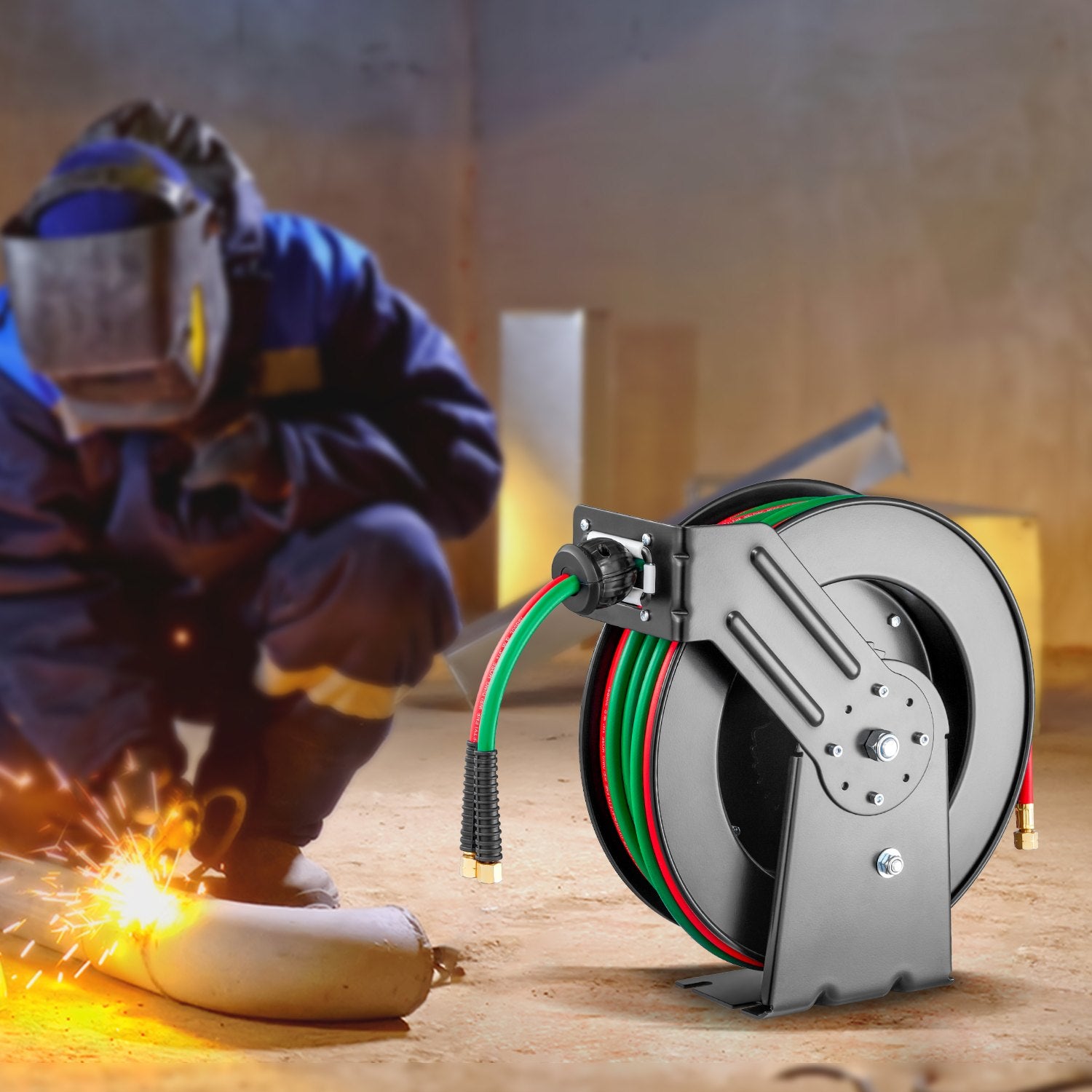 50FT Retrac Twin Oxy-Acetylene Weld Hose Reel 1/4in Auto-Rew WallMount Garage