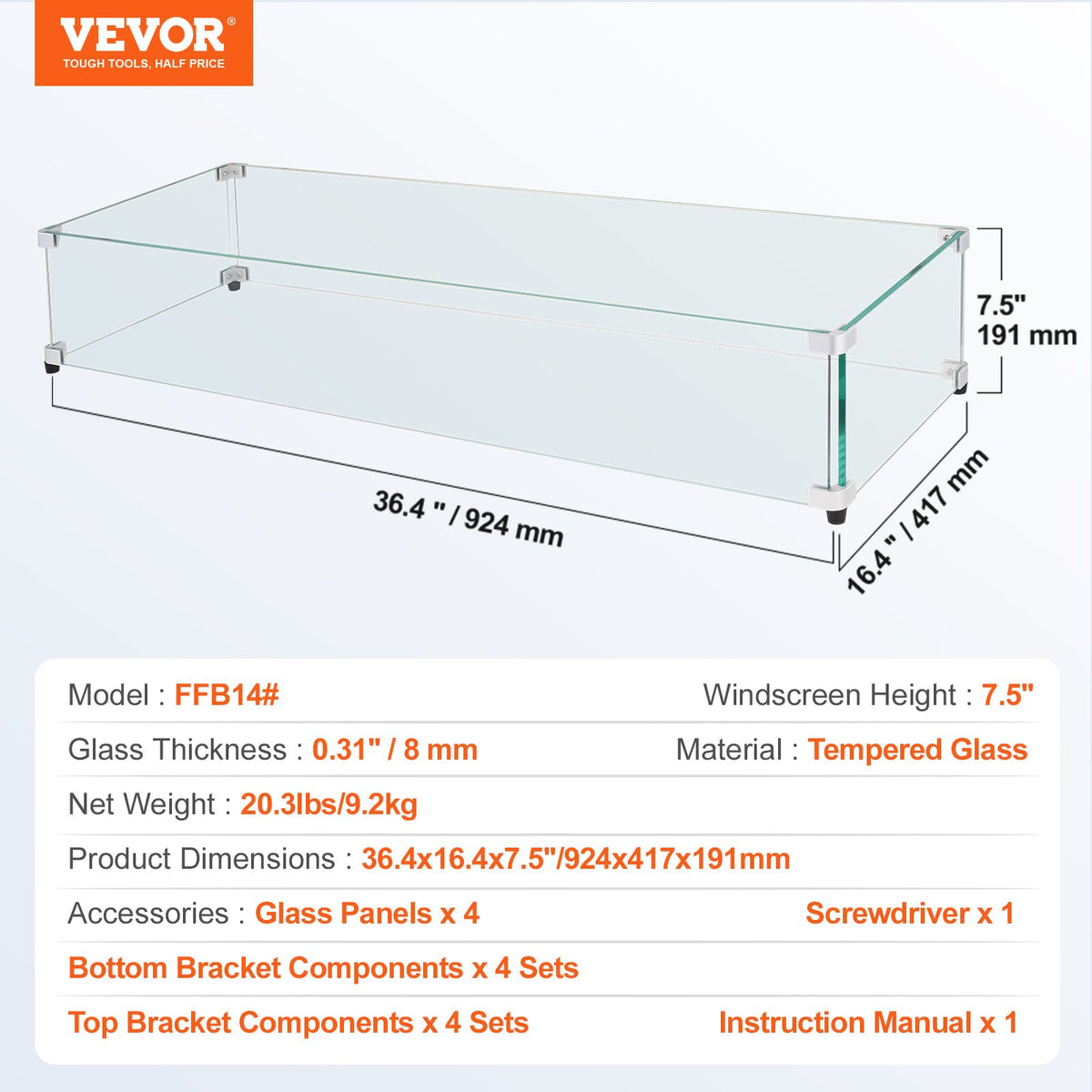 Glass Wind Guard Fire Pit Table 924x417x191mm 8mm Tempered Aluminum Bracket