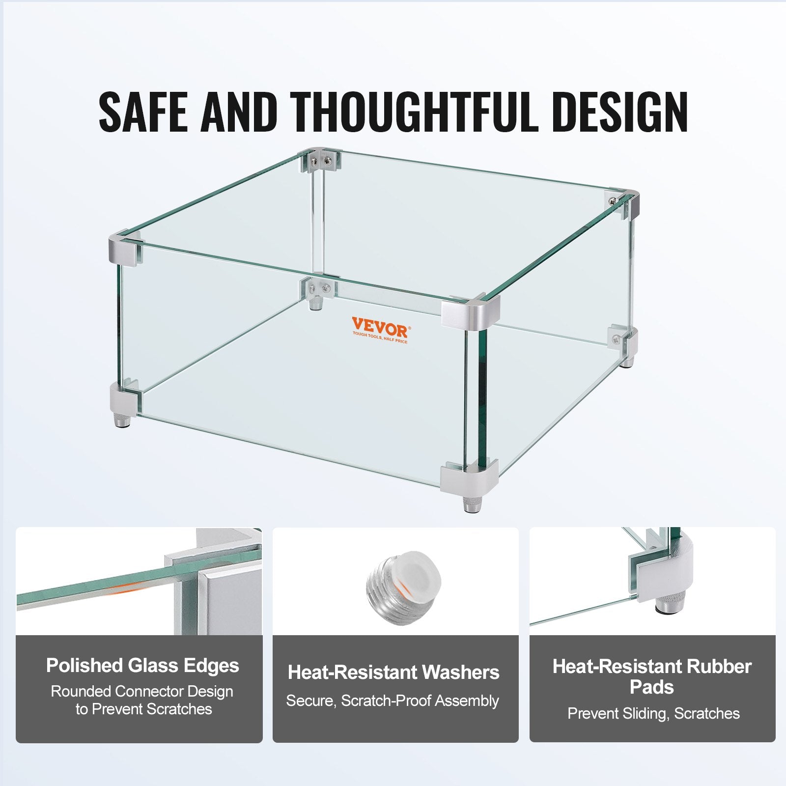 380 x 380 x 180 mm Gas Fire Pit Wind Guard Square Tempered Glass