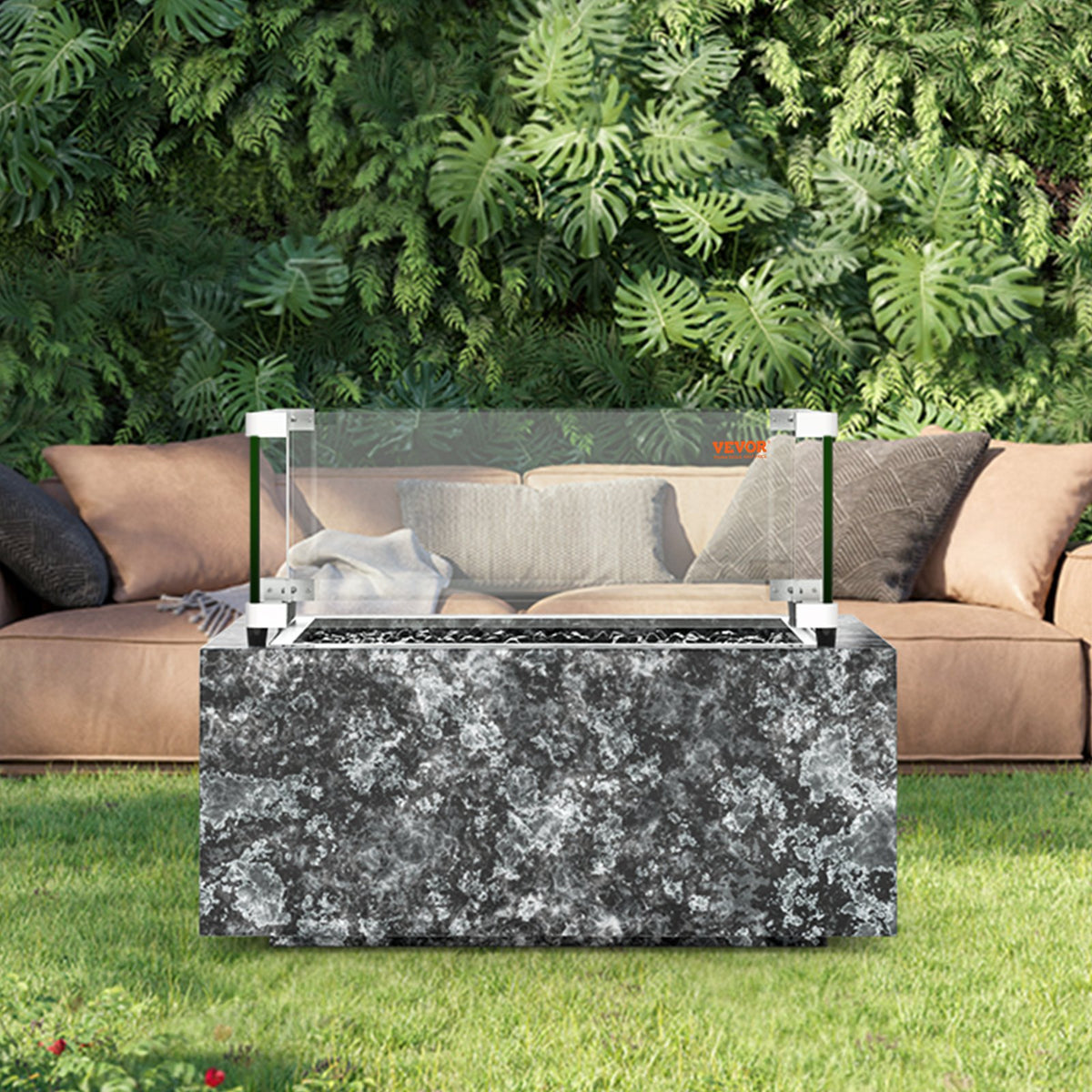 Gas Fire Pit Wind Guard Square 543x543x191mm 8mm Tempered Glass Corner Bracket