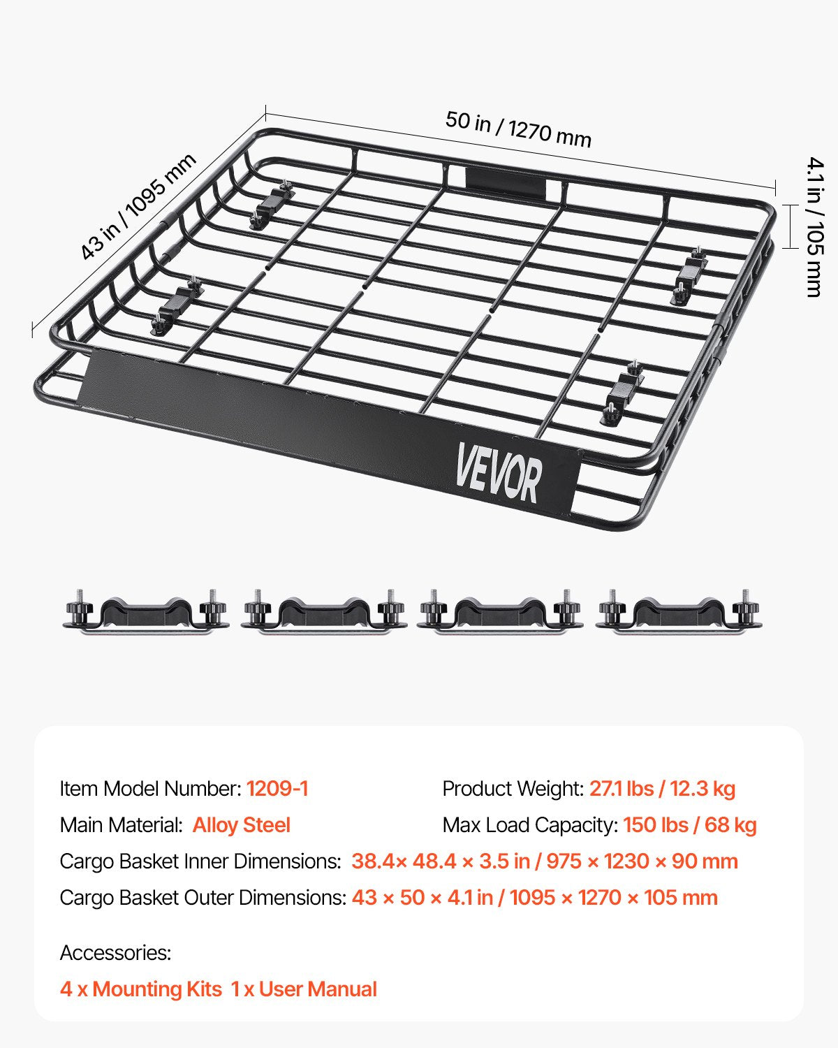 Roof Rack Cargo Carrier 1095x1270x105mm Universal Car Top Basket 68kg Steel