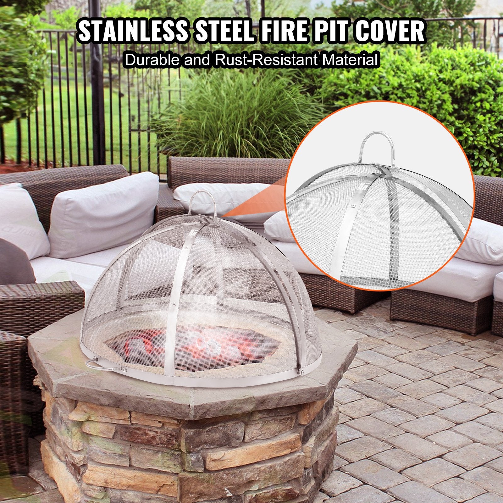 Firepit Spark Screen Lid 36" Stainless Steel Round Outdoor Fire Pit Metal Cover