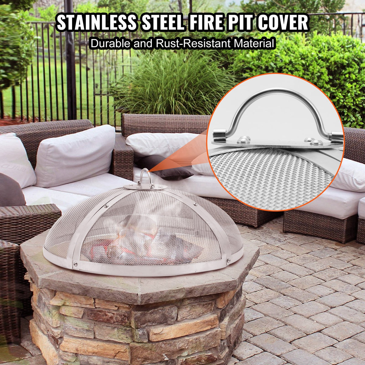 Fire Pit Spark Screen Round 40" Heavy-Duty Steel Cover with Ring Handle