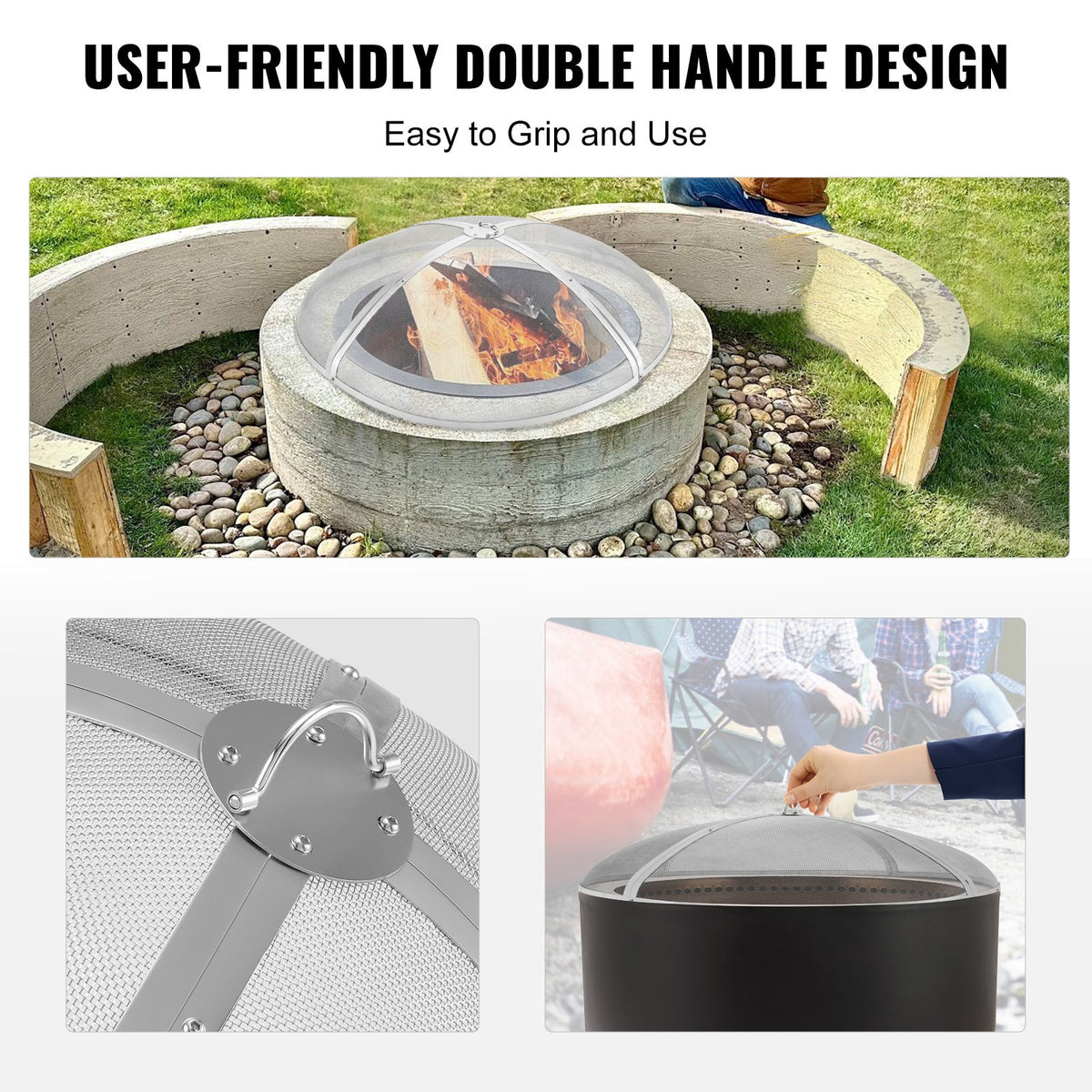 Fire Pit Spark Screen Round 40" Heavy-Duty Steel Cover with Ring Handle