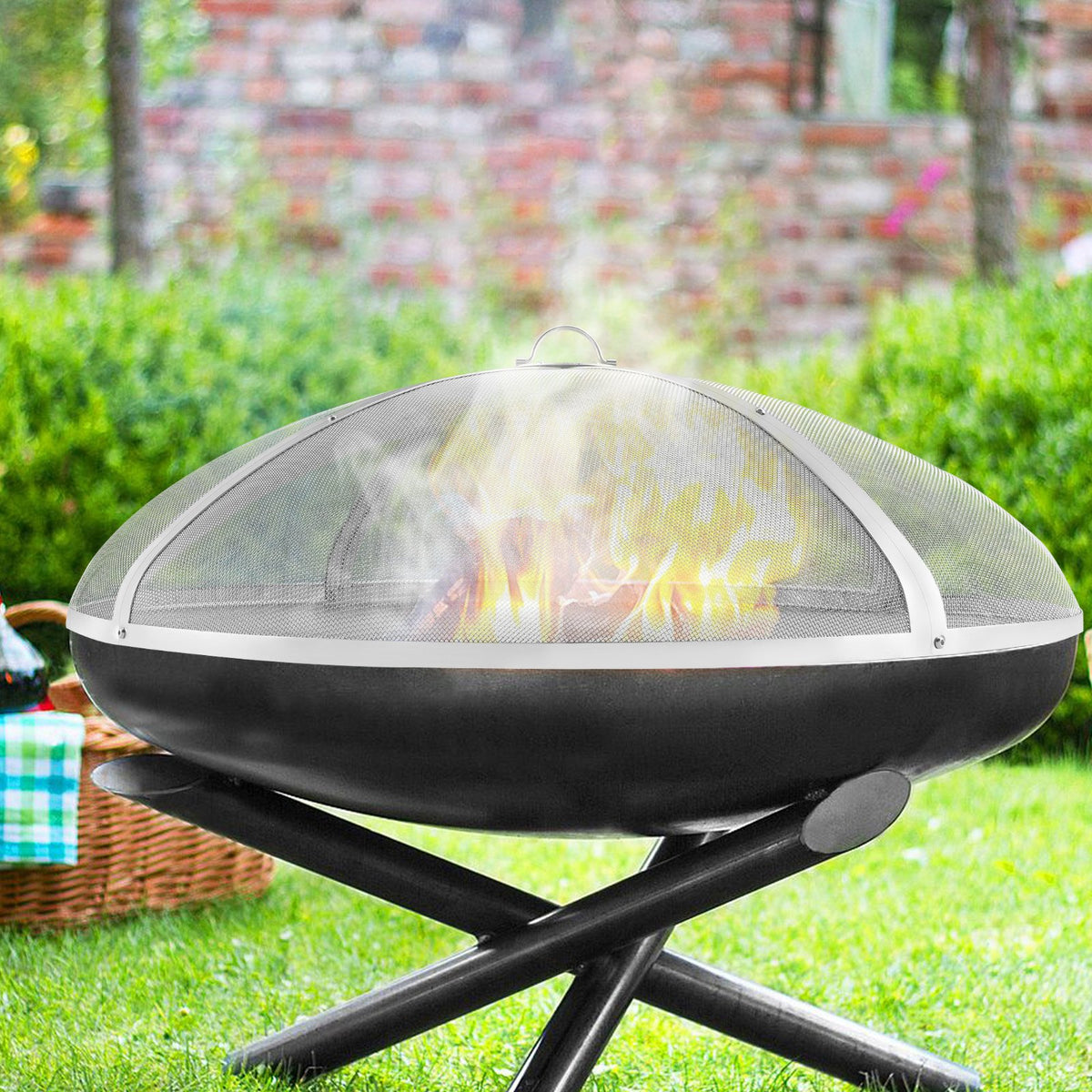Fire Pit Spark Screen Round 40" Heavy-Duty Steel Cover with Ring Handle