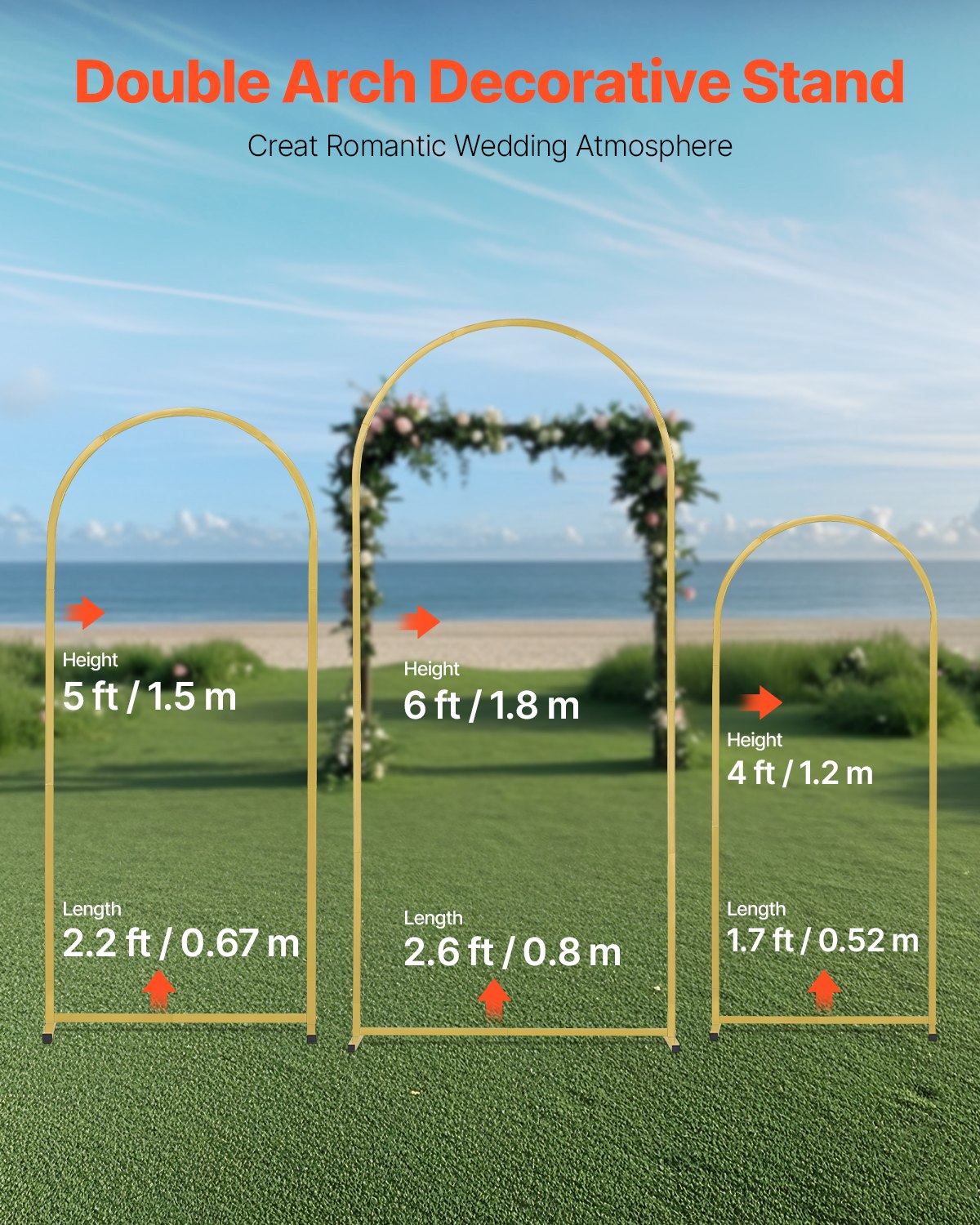 Set of 3 Wedding Arch Backdrop Stand Gold Metal Stable Dome 6FT, 5FT and 4FT