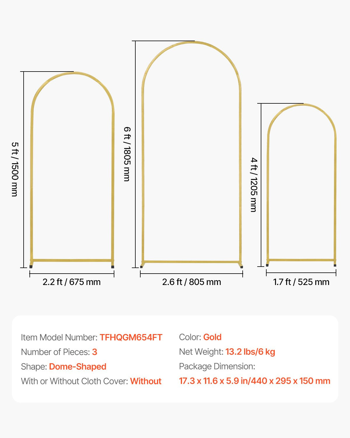 Set of 3 Wedding Arch Backdrop Stand Gold Metal Stable Dome 6FT, 5FT and 4FT