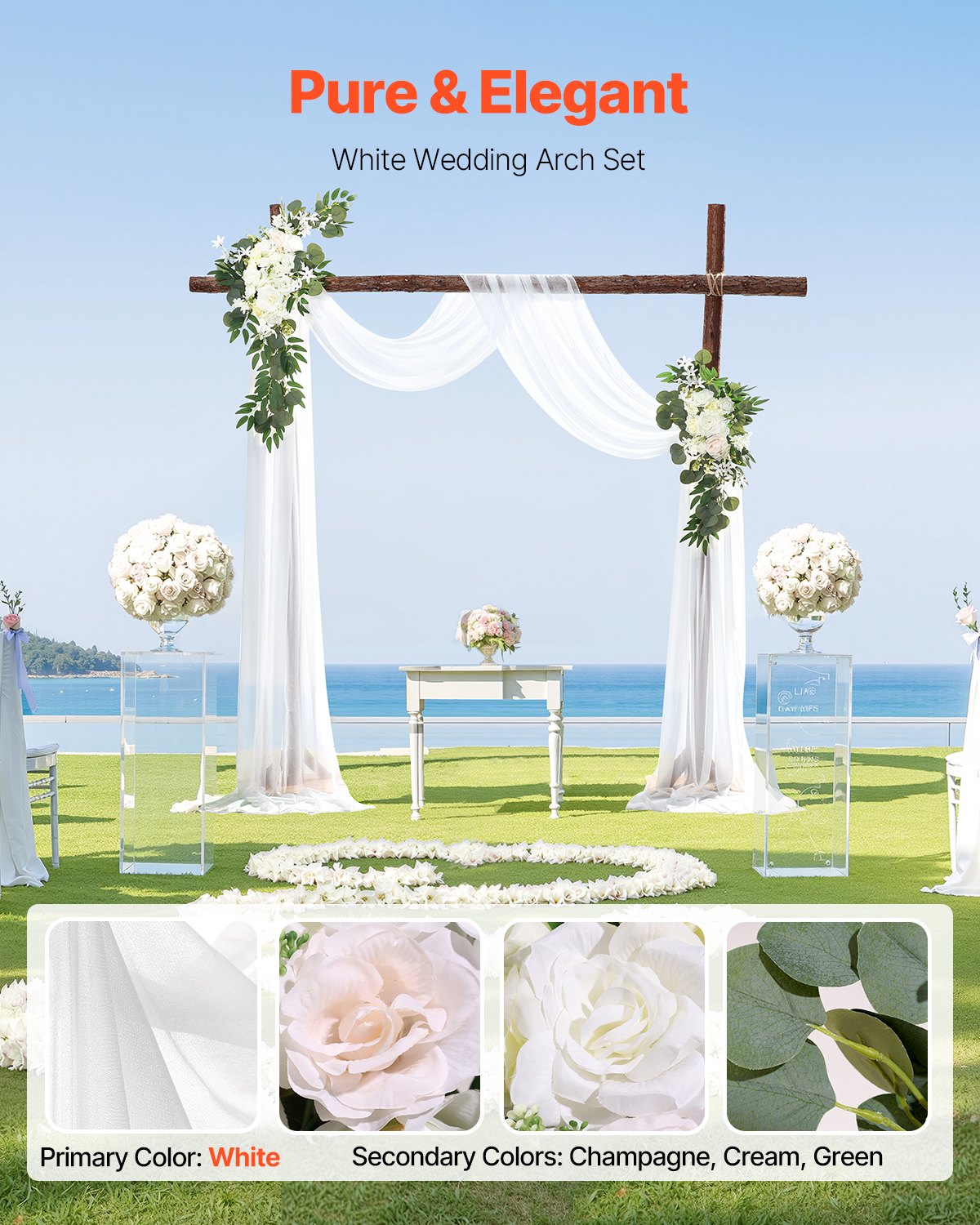 Artificial Wedding Arch Flowers Kit, White 3-Pack with Drapes for Ceremony Decor